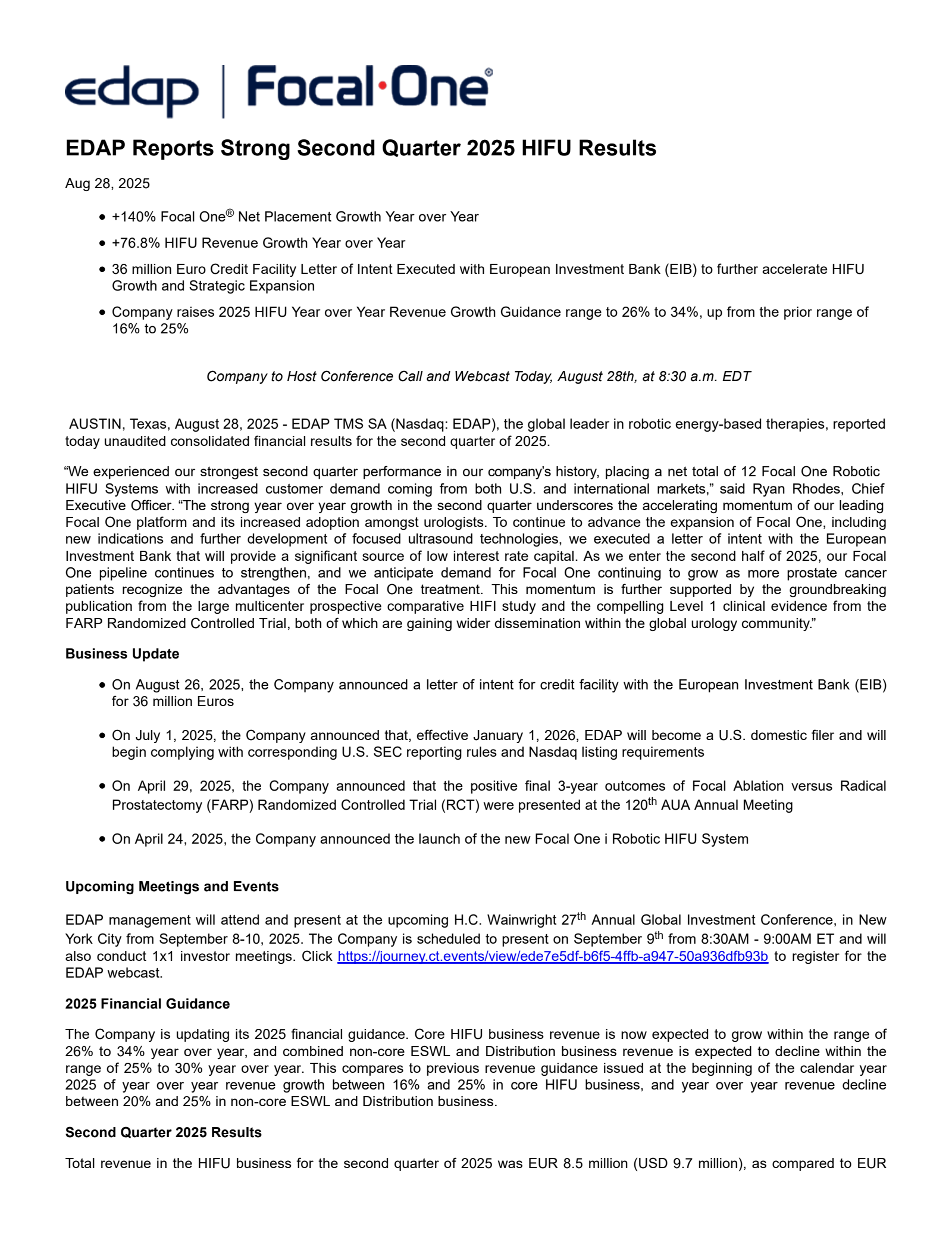 Edap Tms' Q2 2025 Press Release