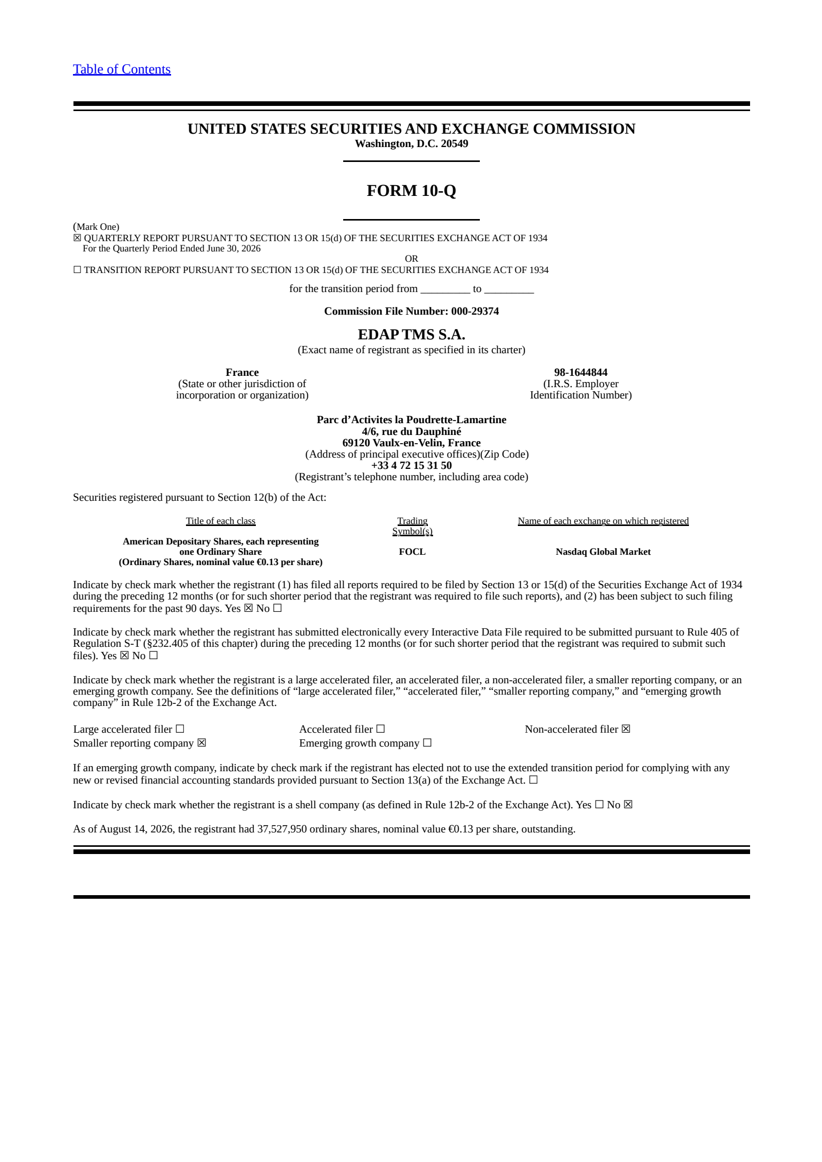 FocalTherics' Q2 2026 Quarterly report