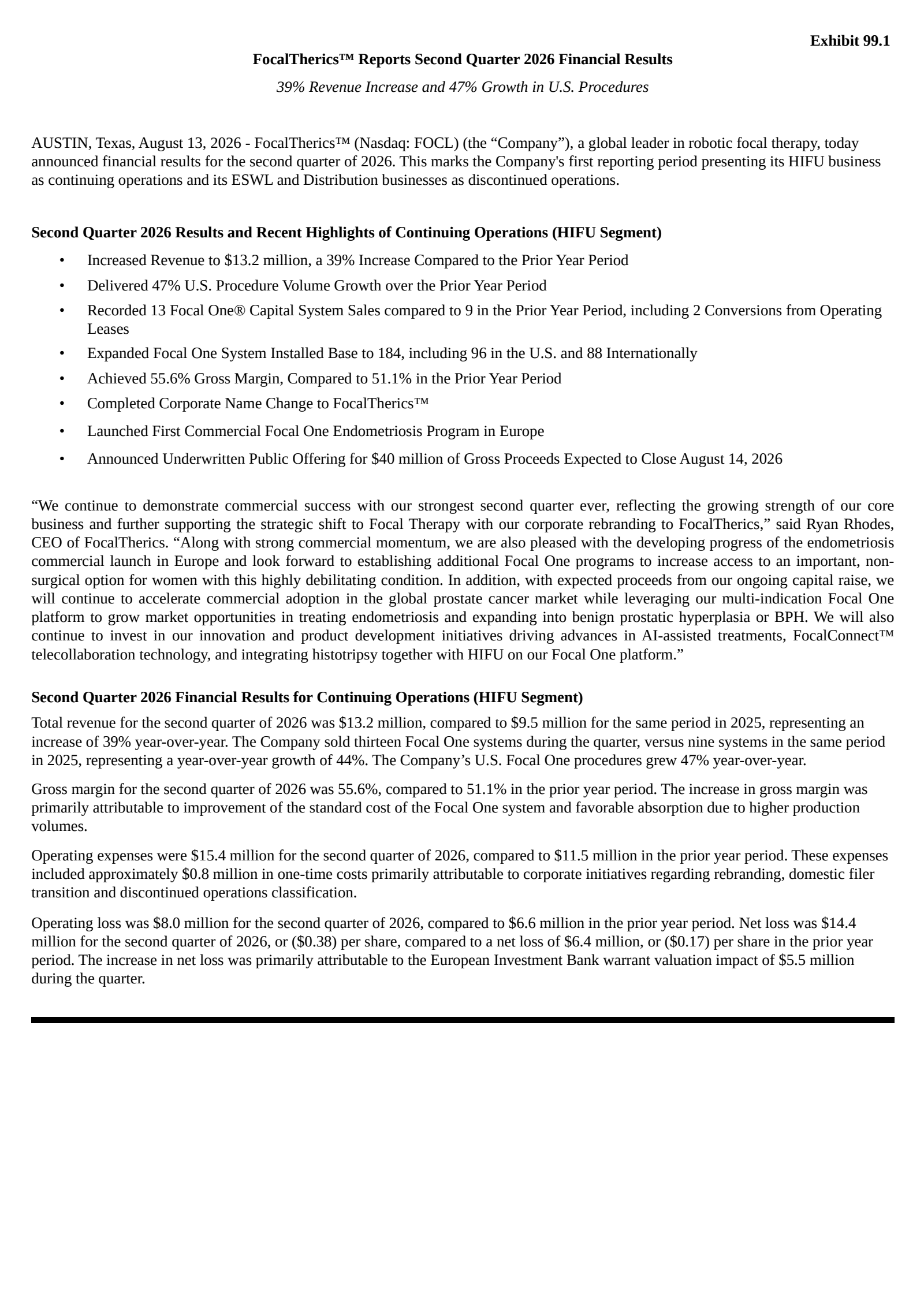 FocalTherics' Q2 2026 Press Release