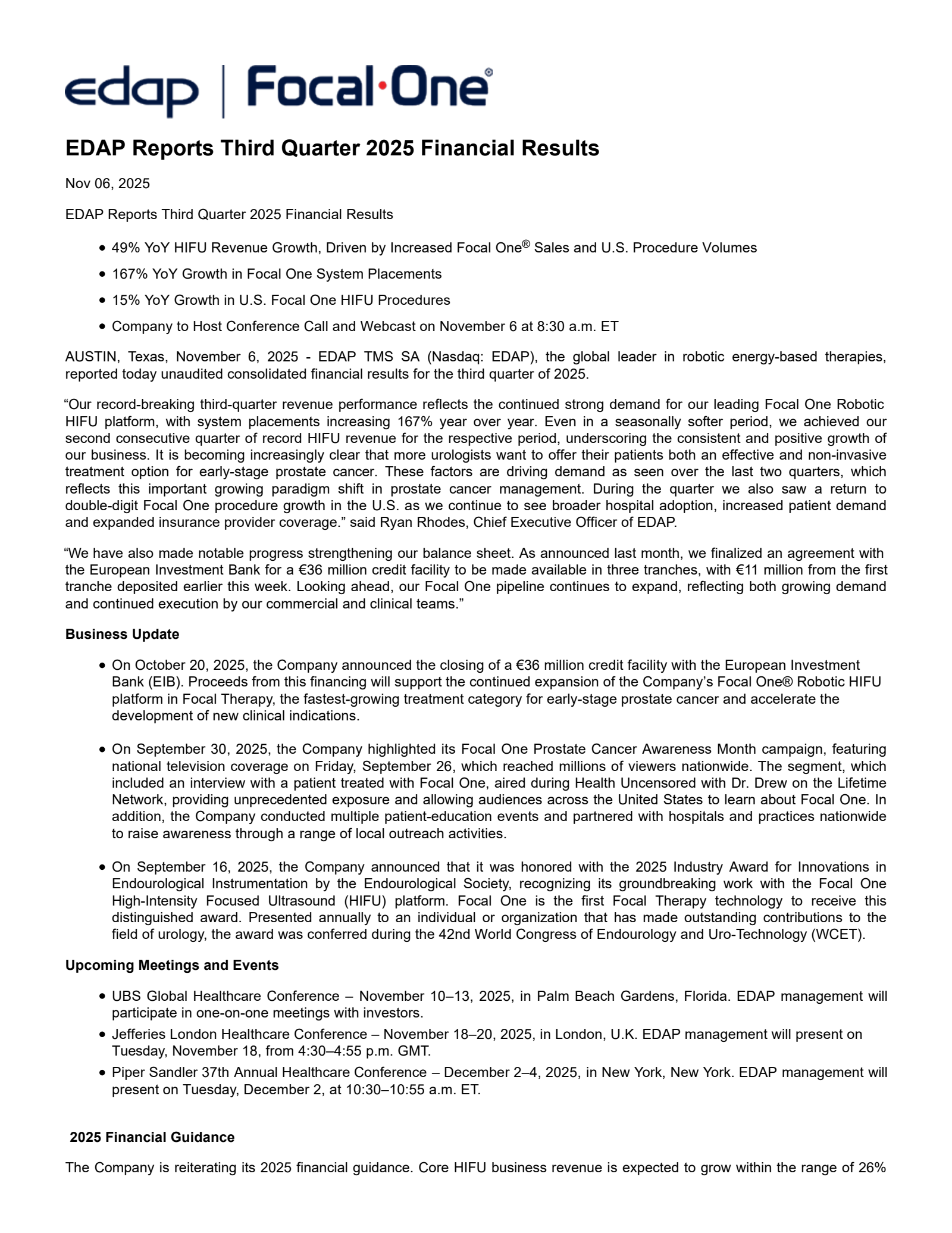 Edap Tms' Q3 2025 Earnings Release