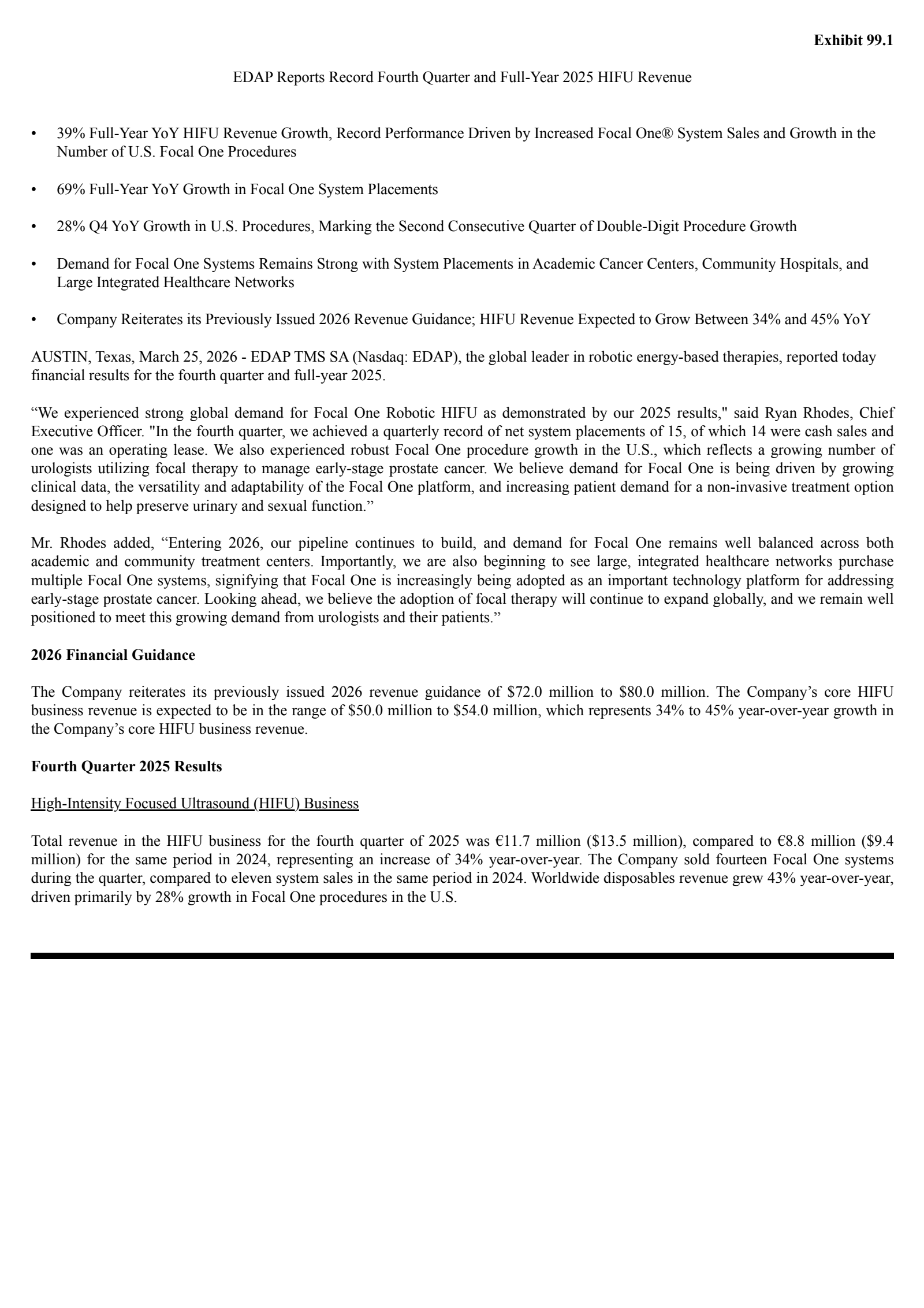 Edap Tms' Q4 2025 Press Release