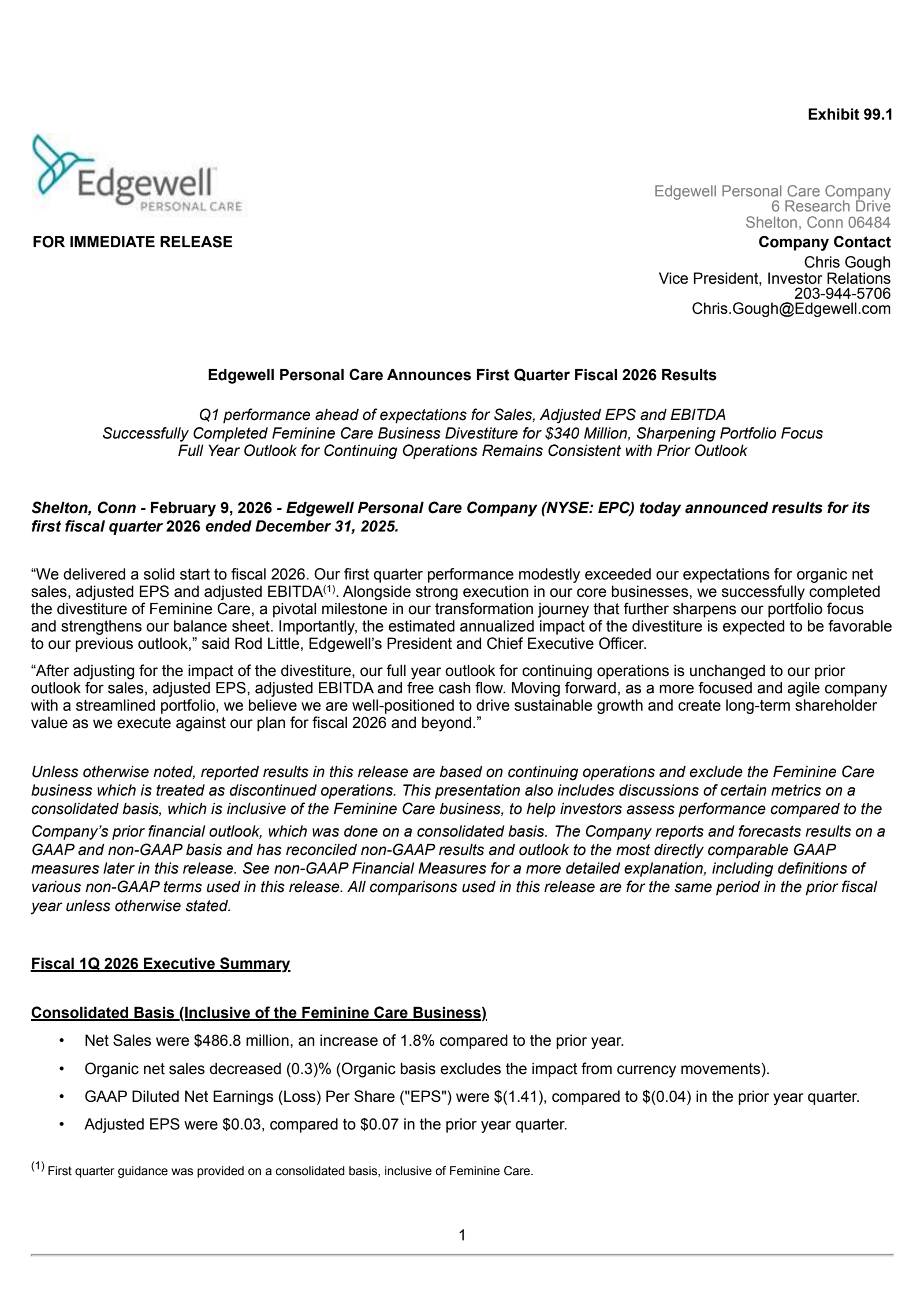 Edgewell Personal Care's Q1 2026 Press Release
