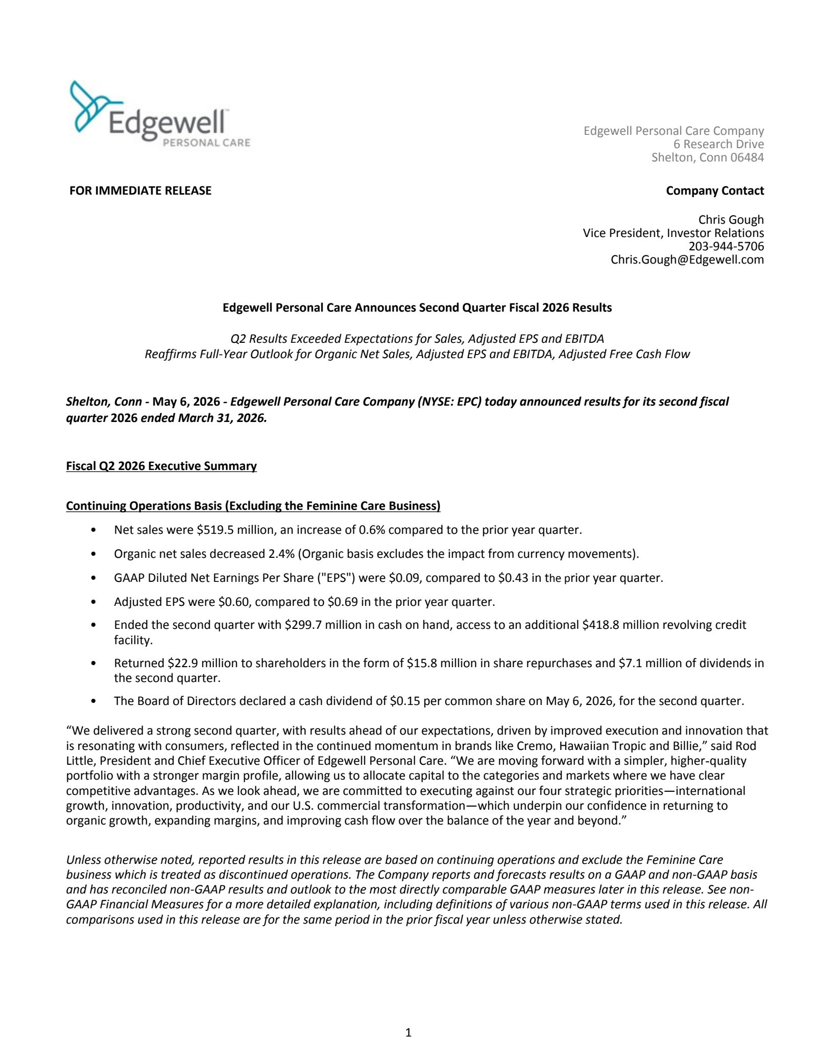 Edgewell Personal Care's Q2 2026 Press Release