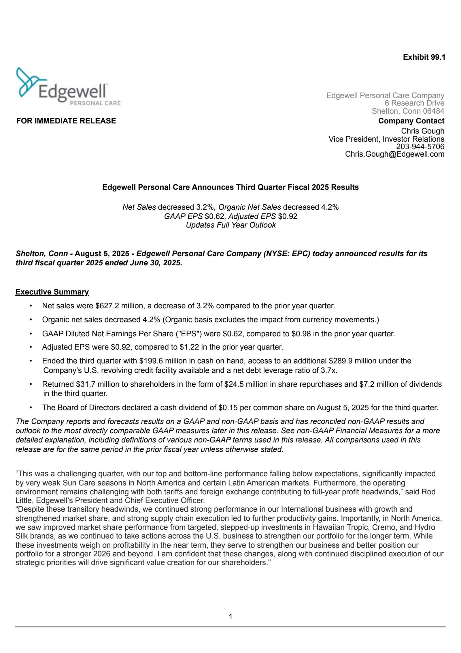 Edgewell Personal Care's Q3 2025 Press Release
