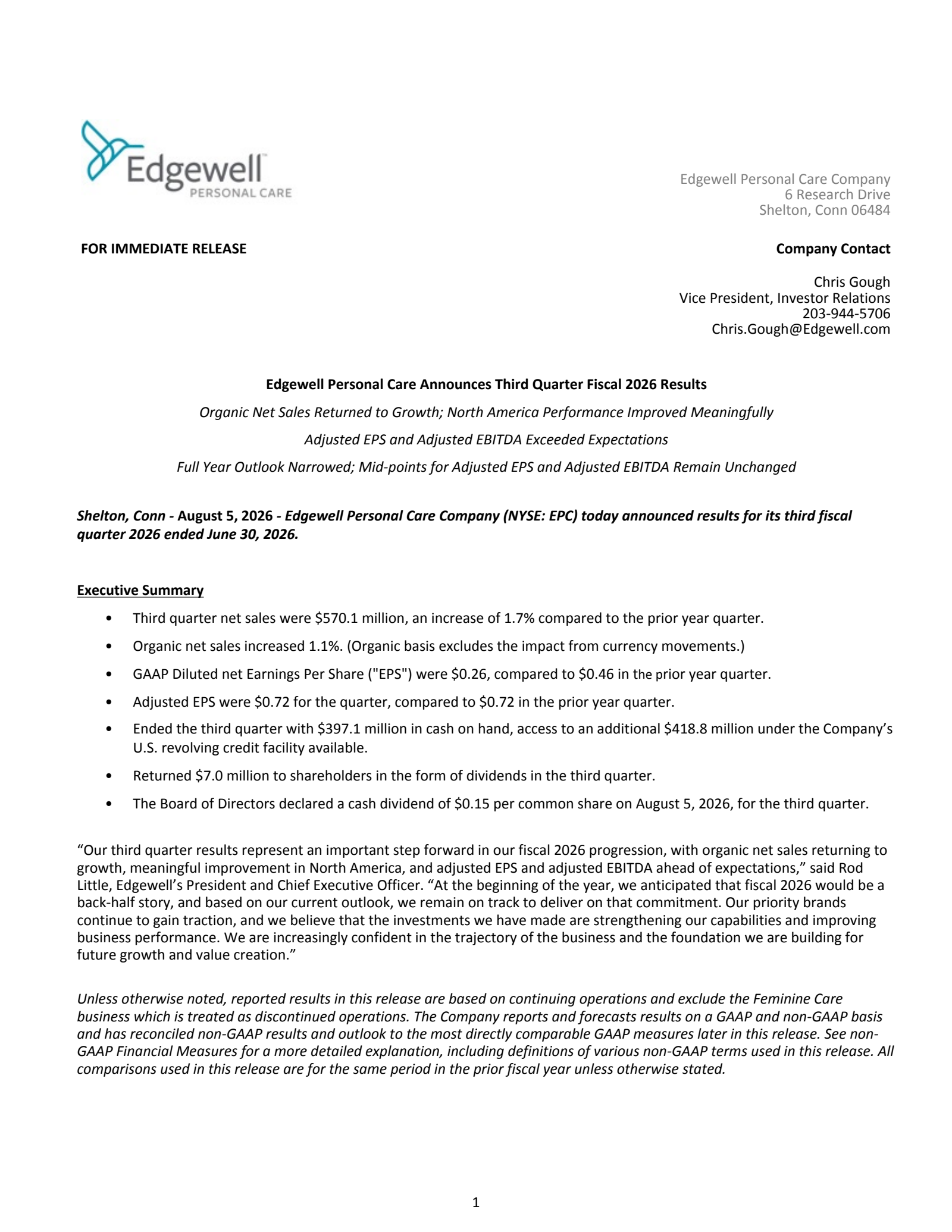 Edgewell Personal Care's Q3 2026 Press Release