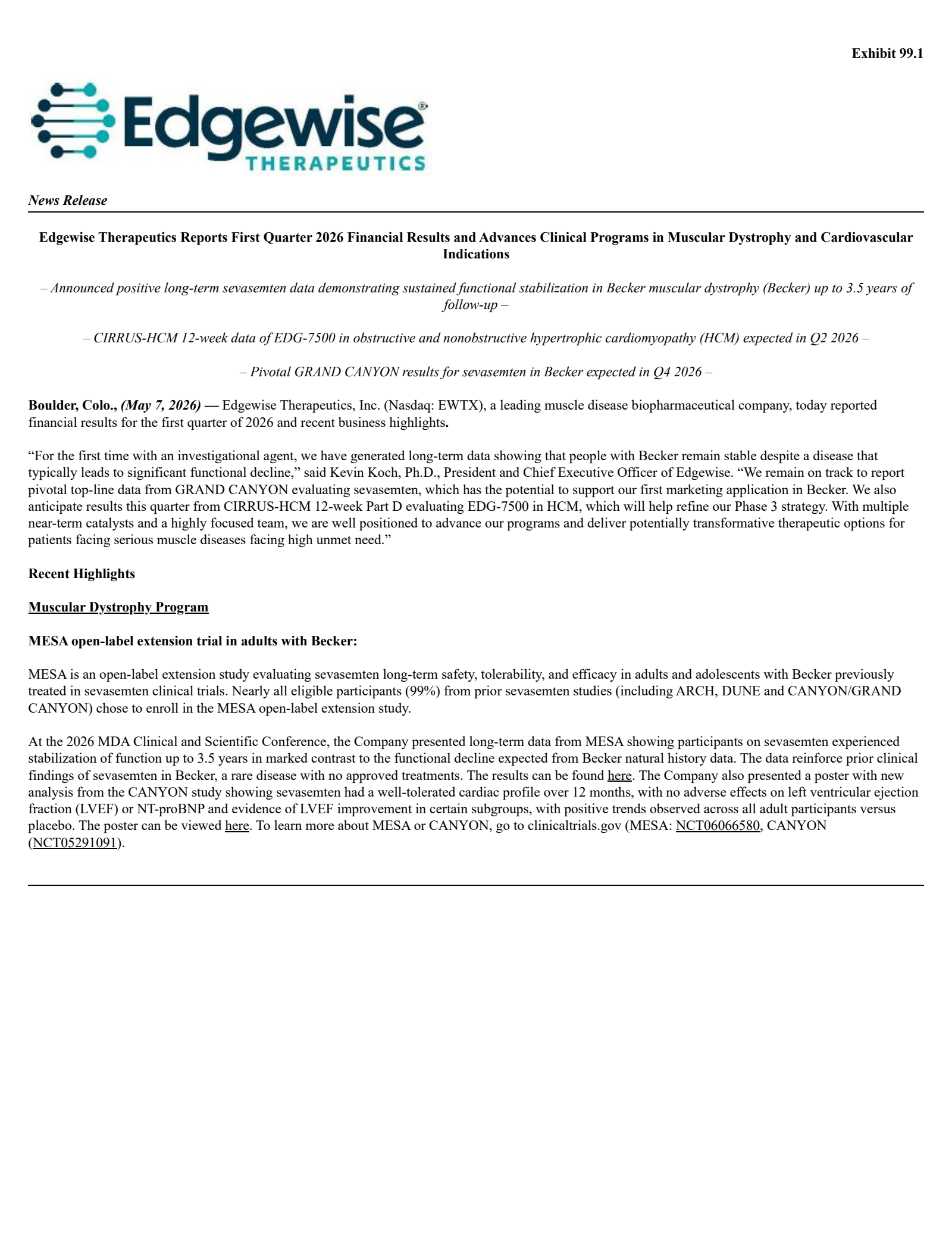 Edgewise Therapeutics' Q1 2026 Press Release