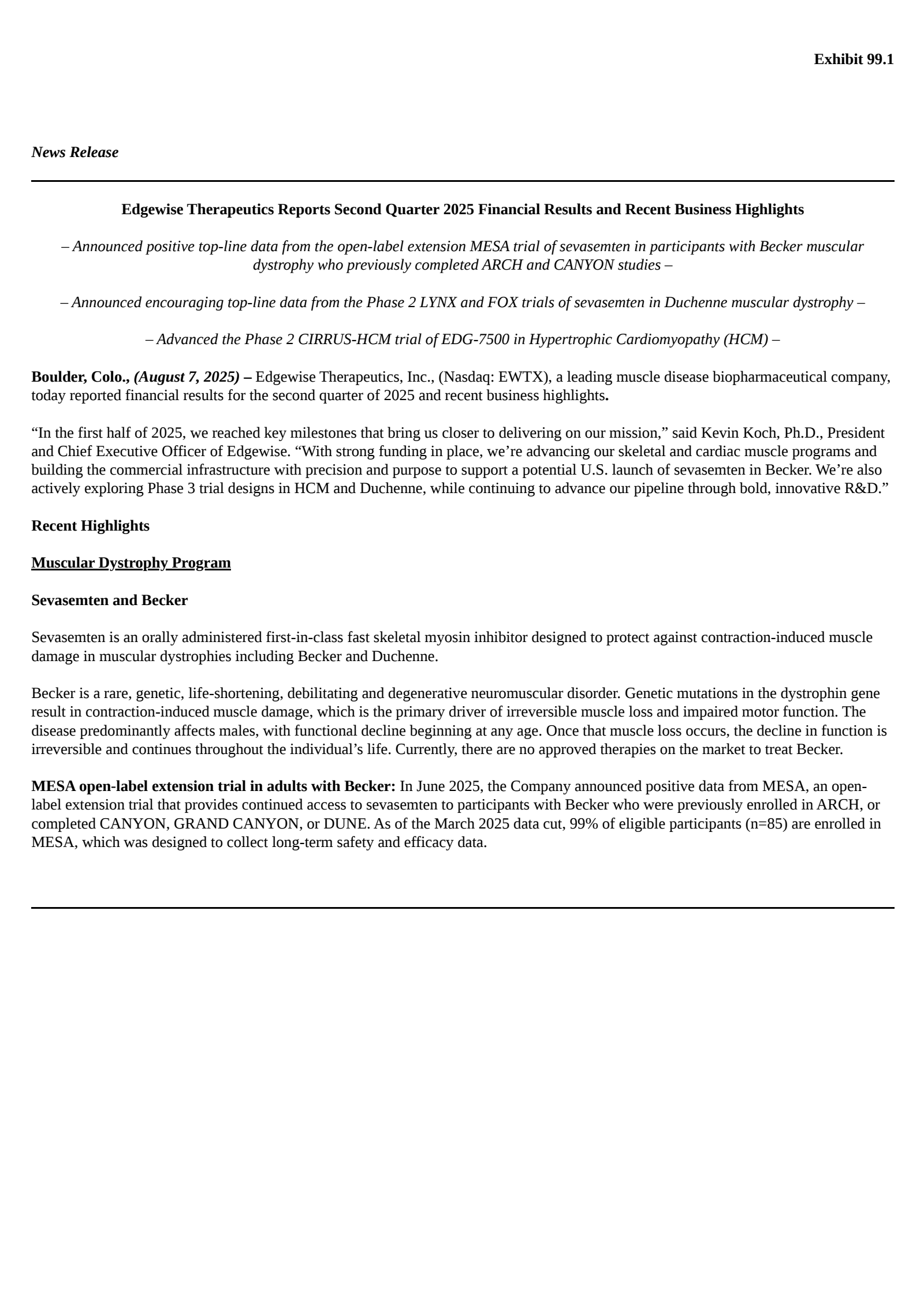 Edgewise Therapeutics' Q2 2025 Press Release