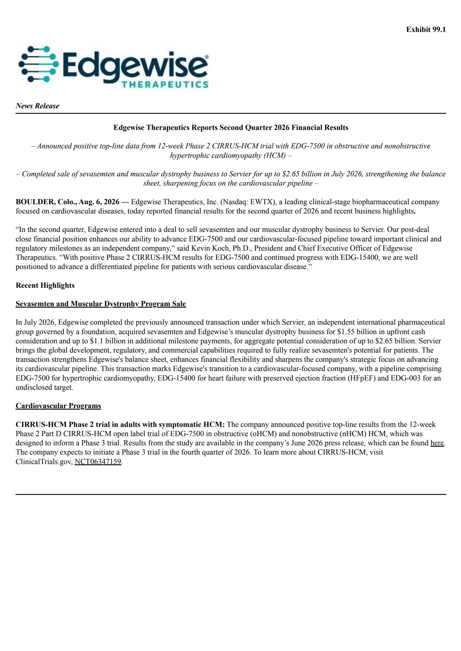 Edgewise Therapeutics' Q2 2026 Press Release