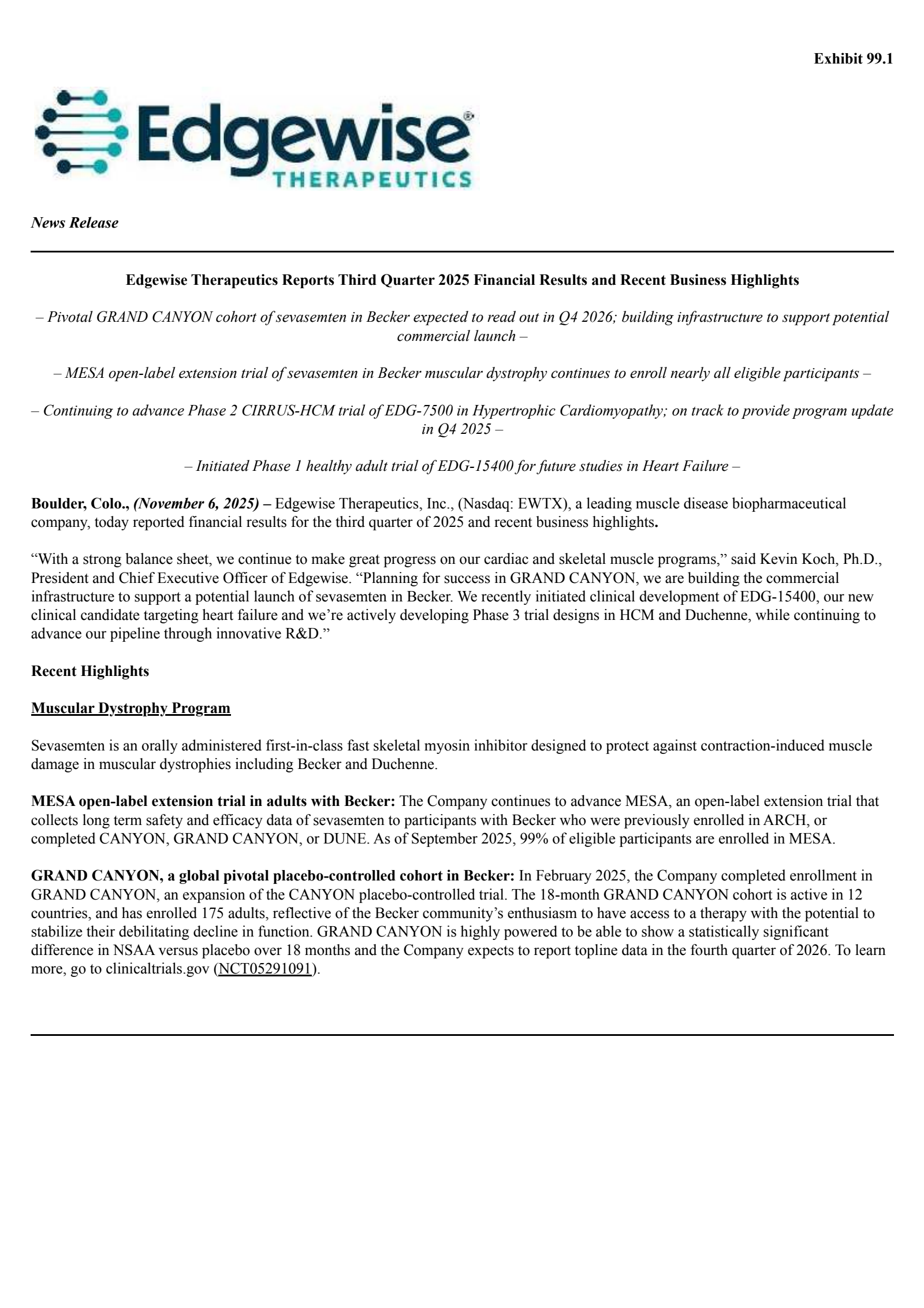 Edgewise Therapeutics' Q3 2025 Earnings Release