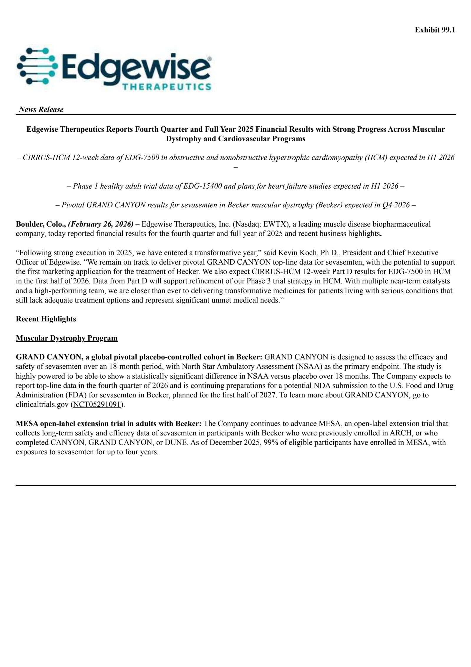 Edgewise Therapeutics' Q4 2025 Press Release