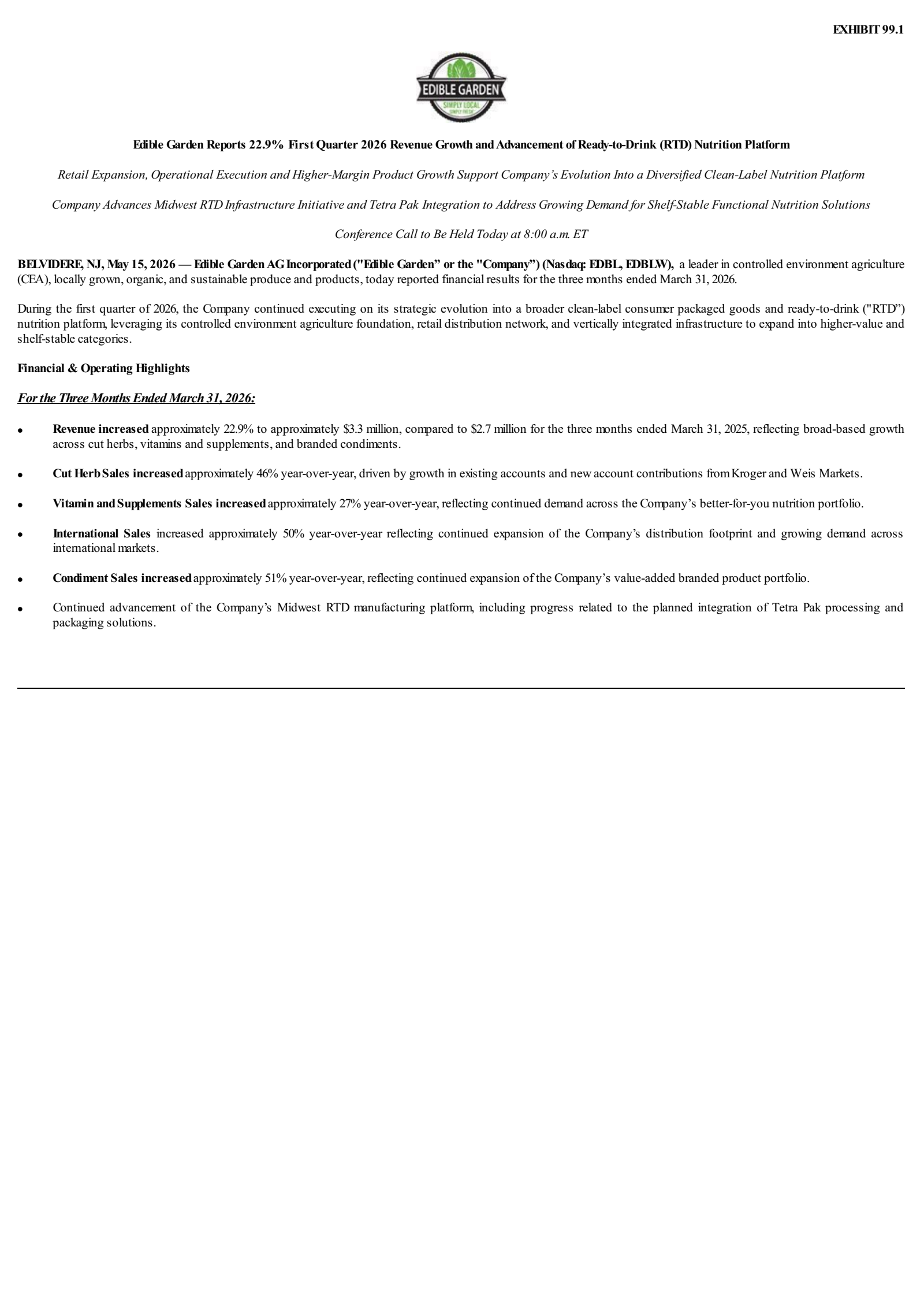 Edible Garden's Q1 2026 Press Release