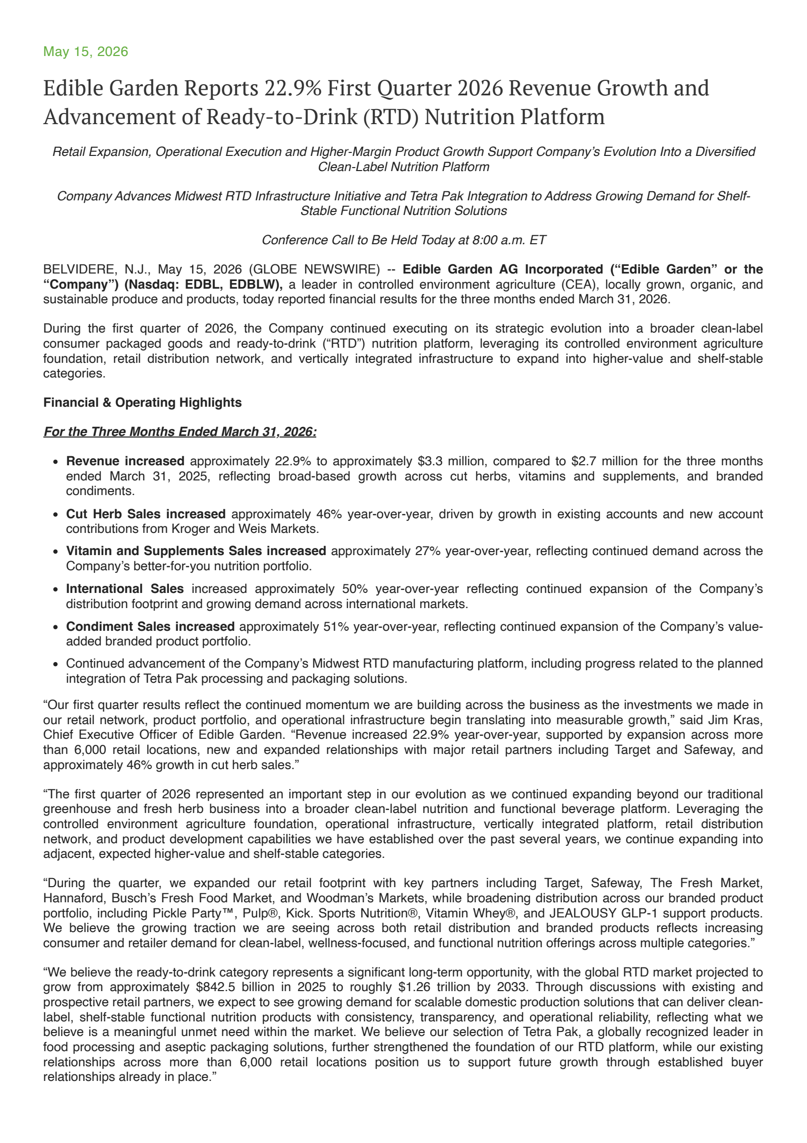 Edible Garden's Q1 2026 Press Release