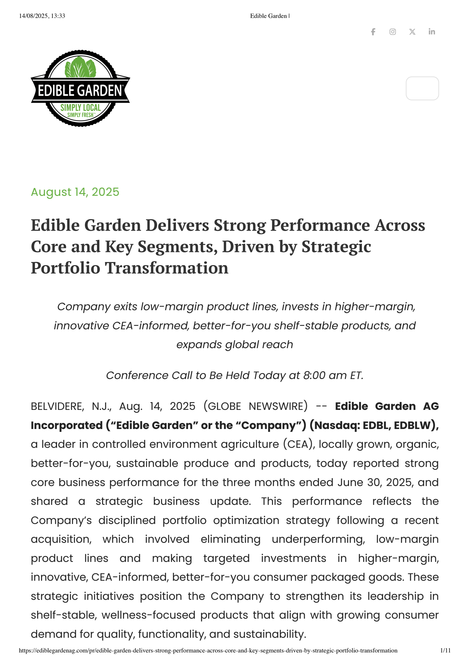 Edible Garden's Q2 2025 Press Release