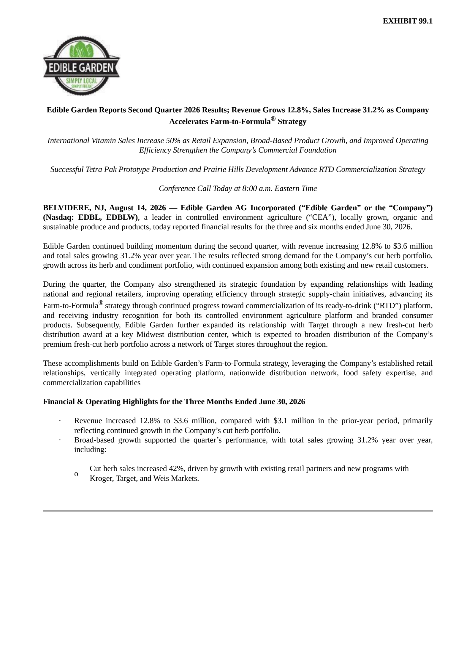 Edible Garden's Q2 2026 Press Release