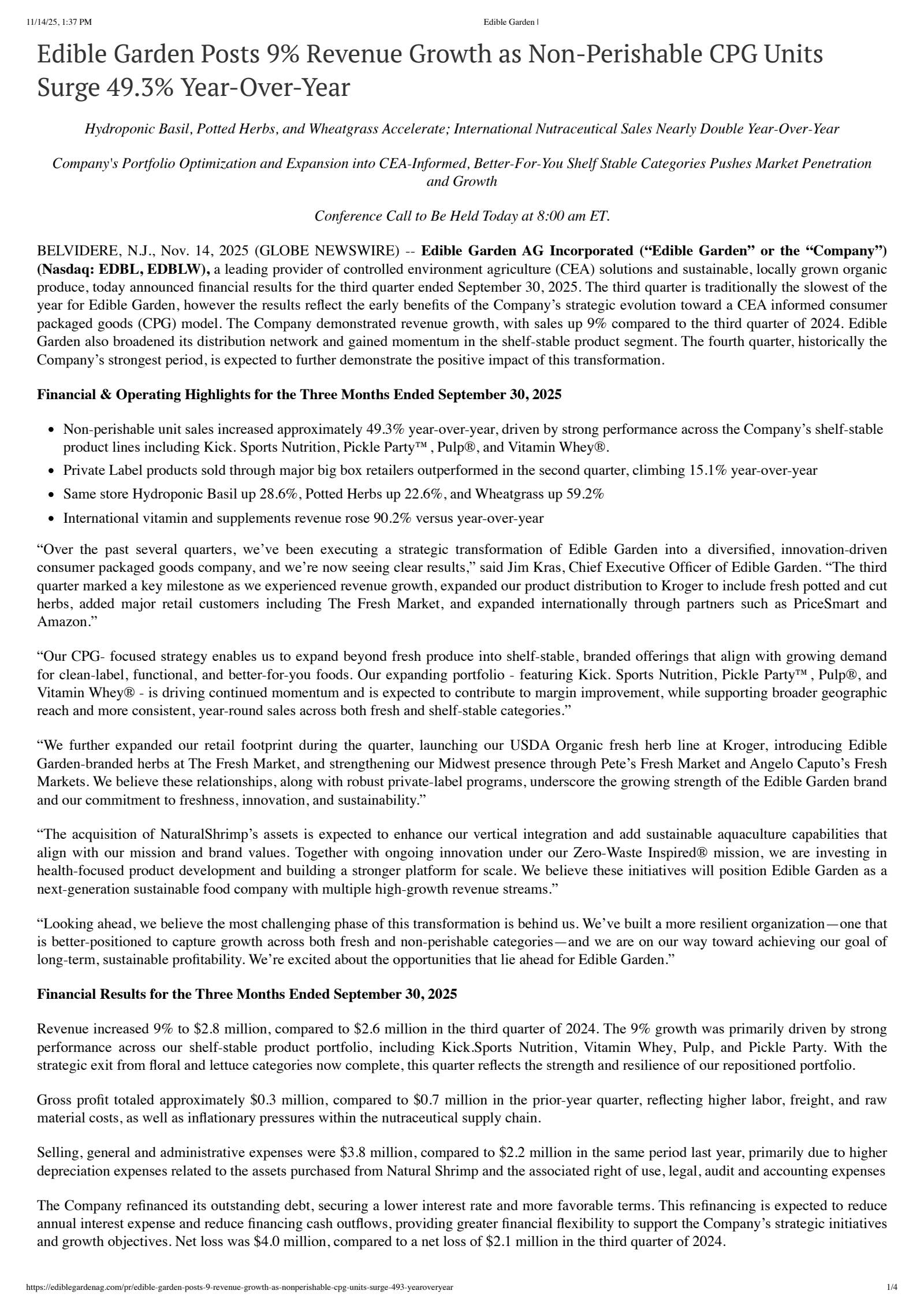 Edible Garden's Q3 2025 Earnings Release