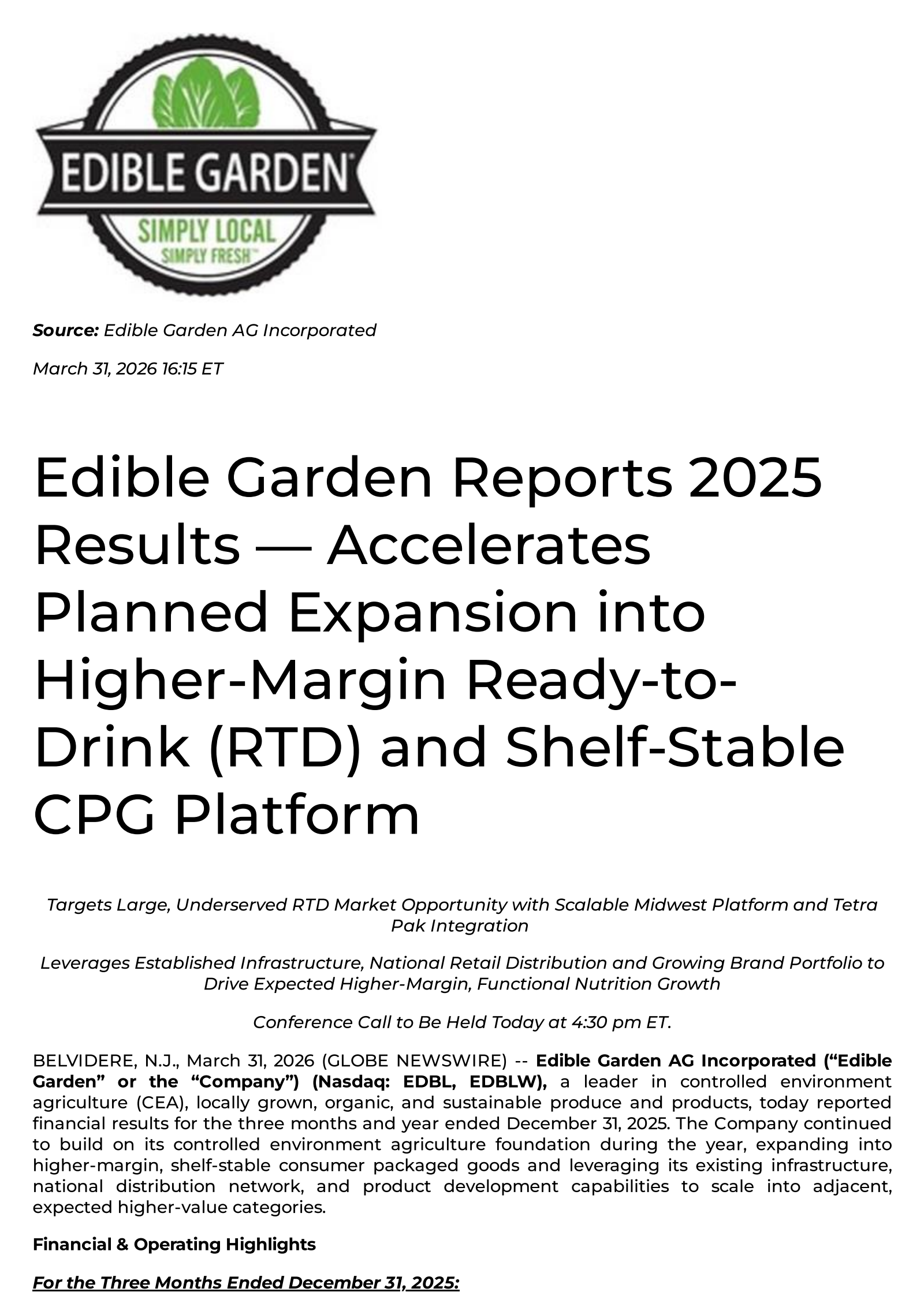 Edible Garden's Q4 2025 Press Release