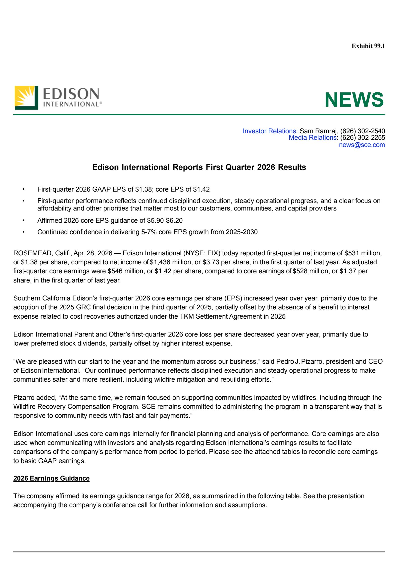 Edison International's Q1 2026 Press Release
