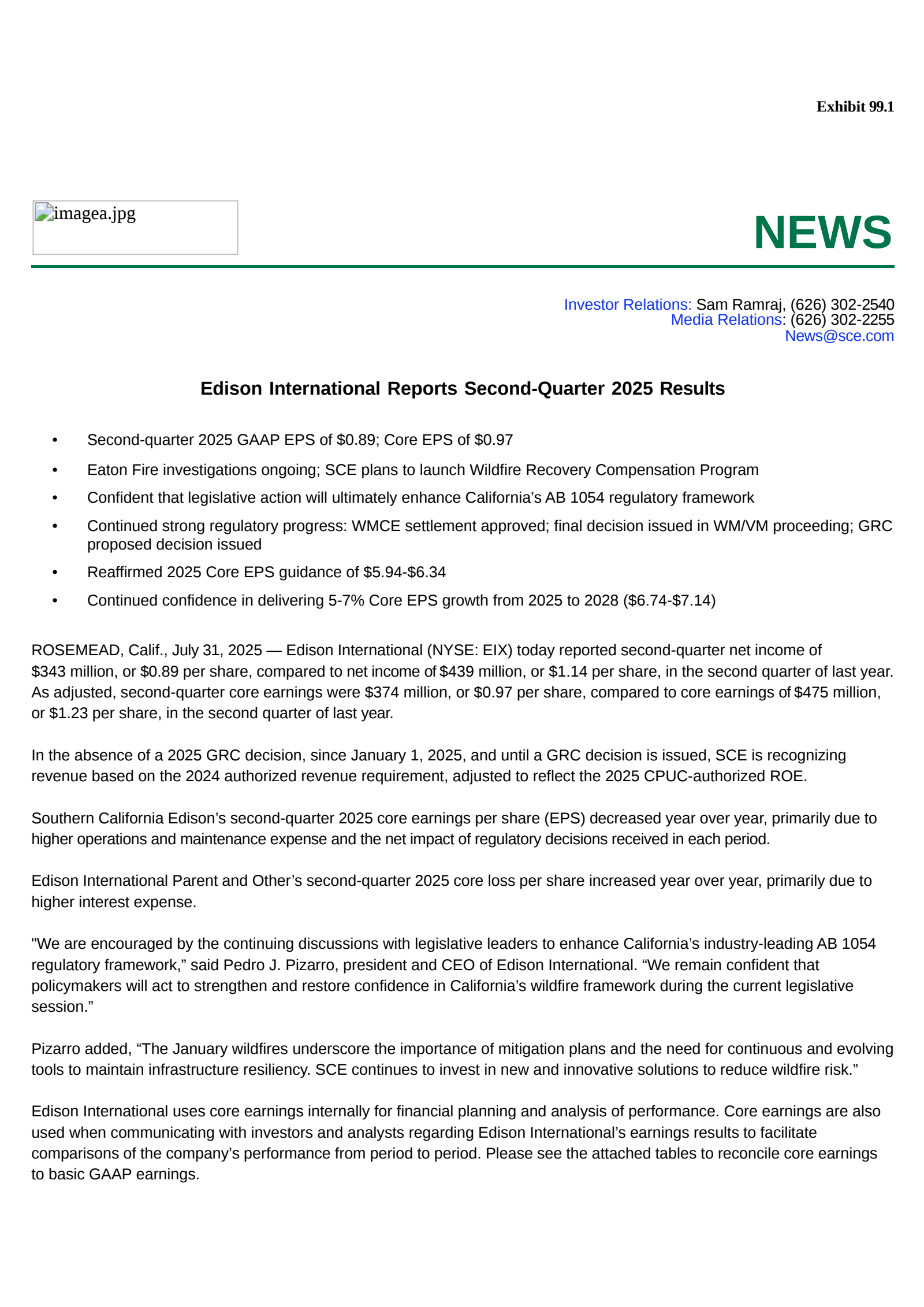 Edison International's Q2 2025 Press Release