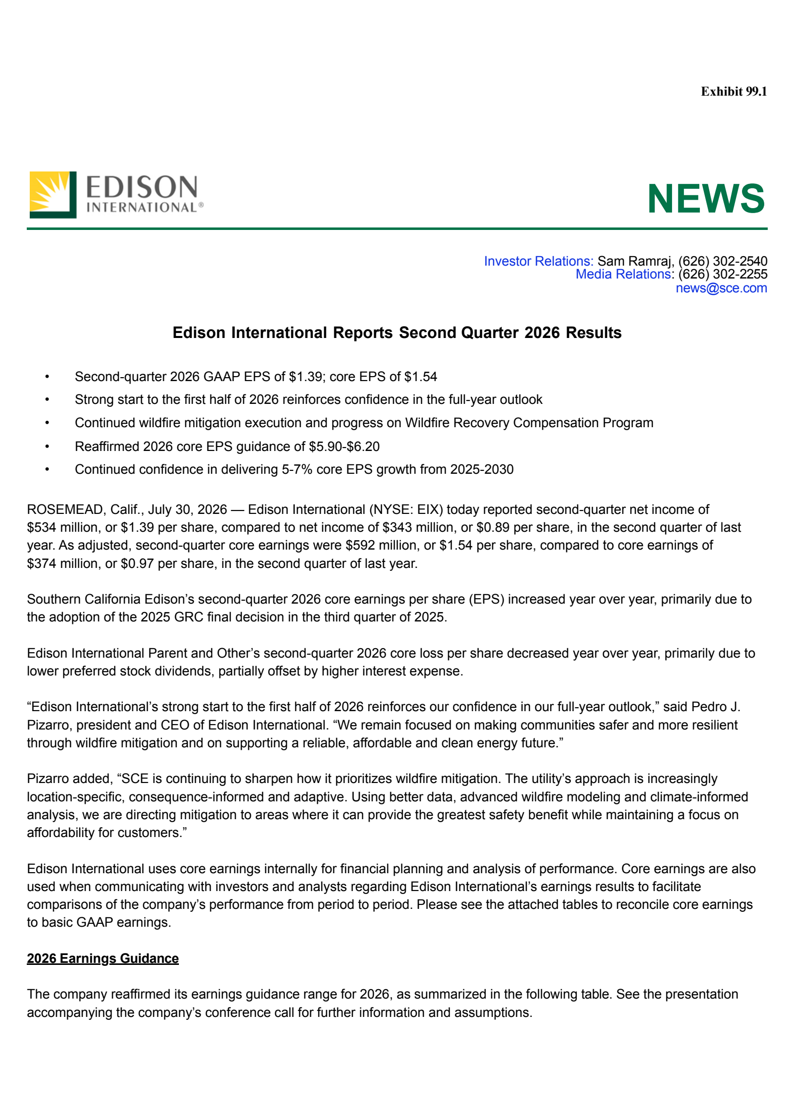 Edison International's Q2 2026 Press Release
