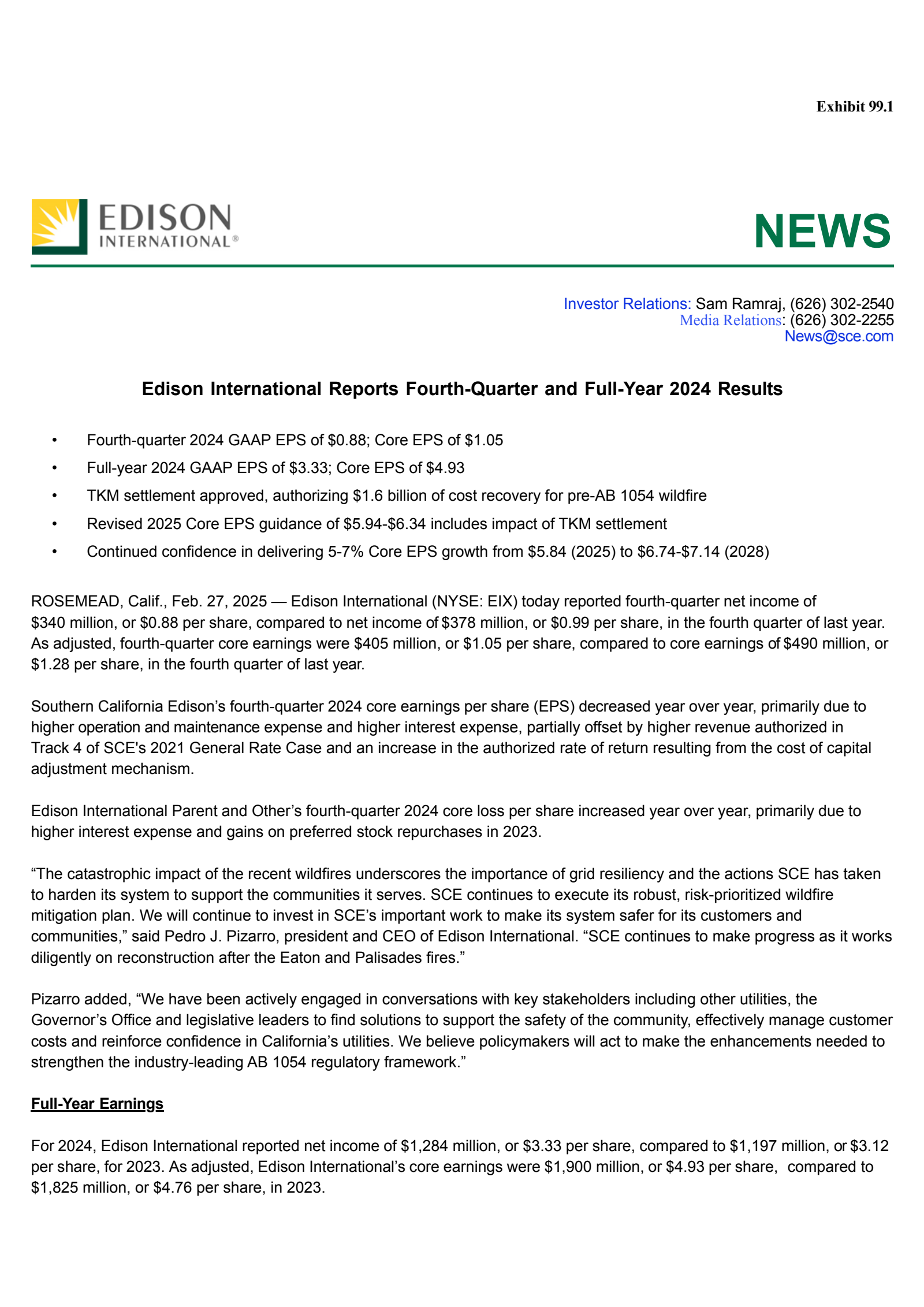 Edison International's Q4 2024 Press Release