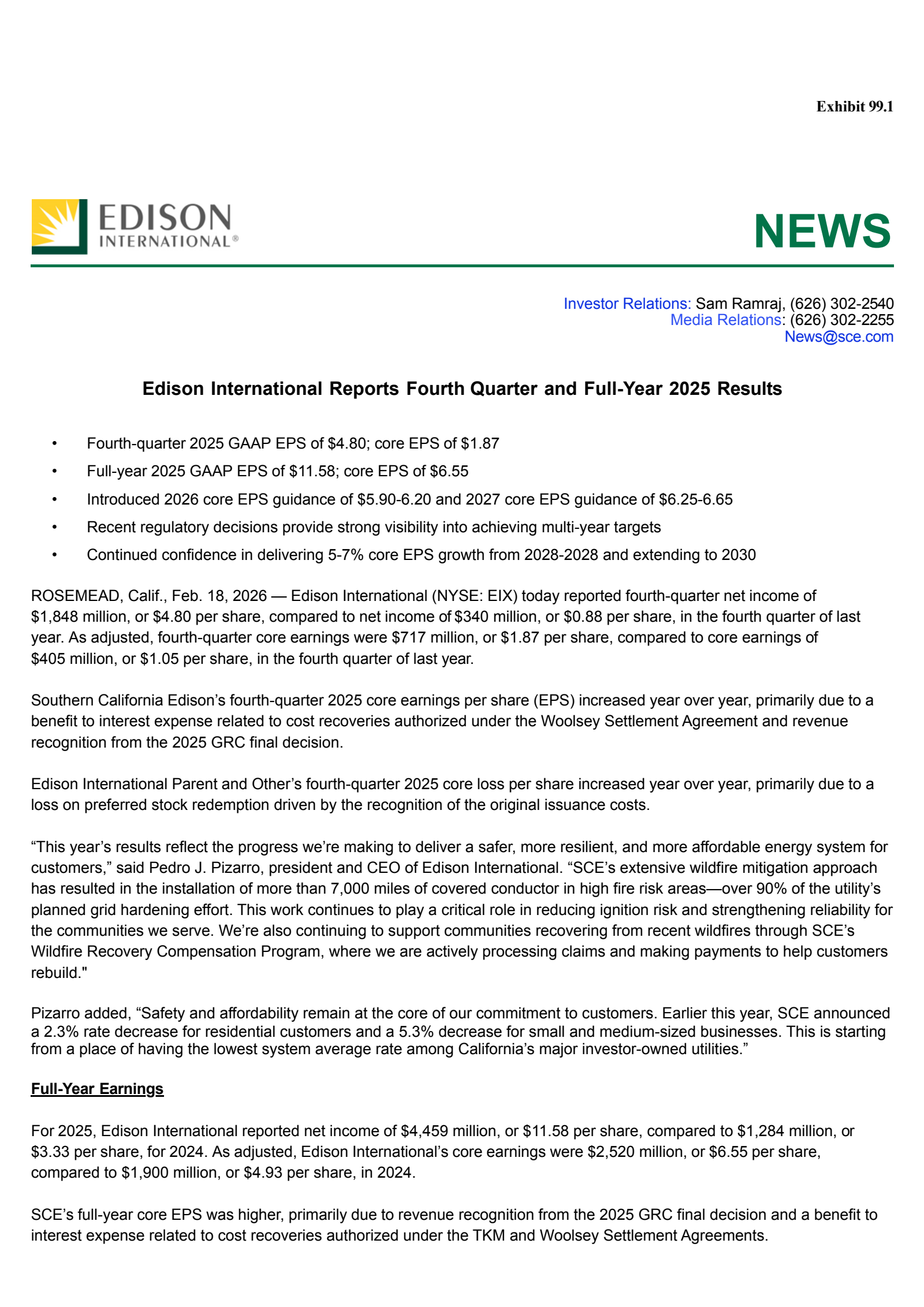 Edison International's Q4 2025 Press Release