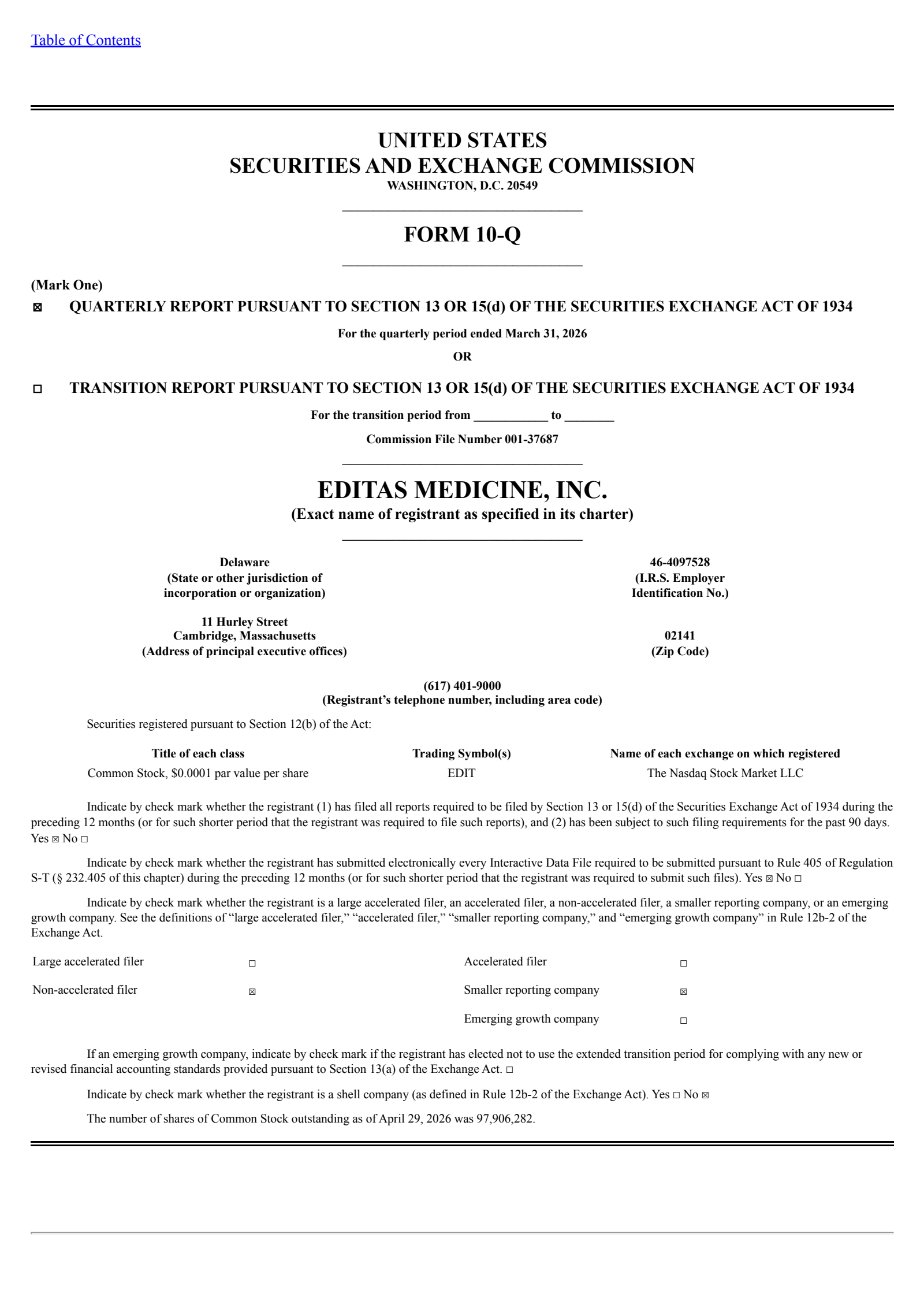 Editas Medicine's Q1 2026 Quarterly report