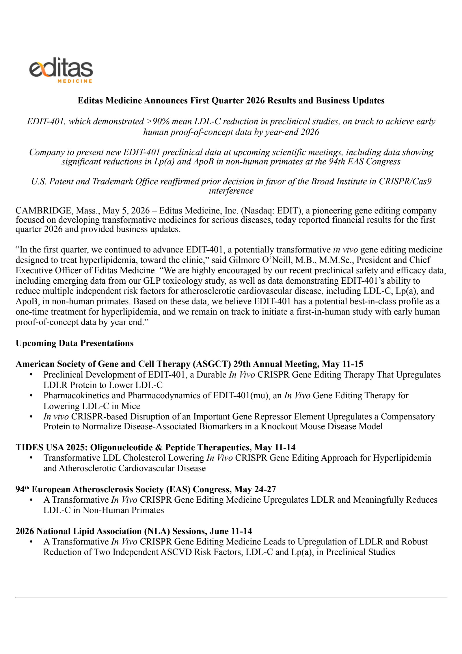 Editas Medicine's Q1 2026 Press Release