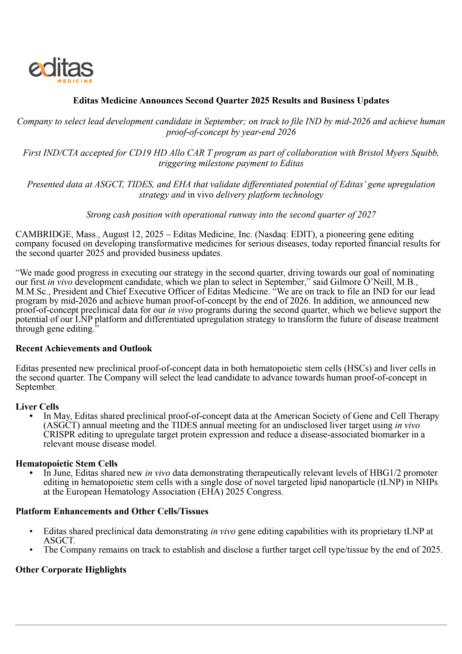 Editas Medicine's Q2 2025 Press Release
