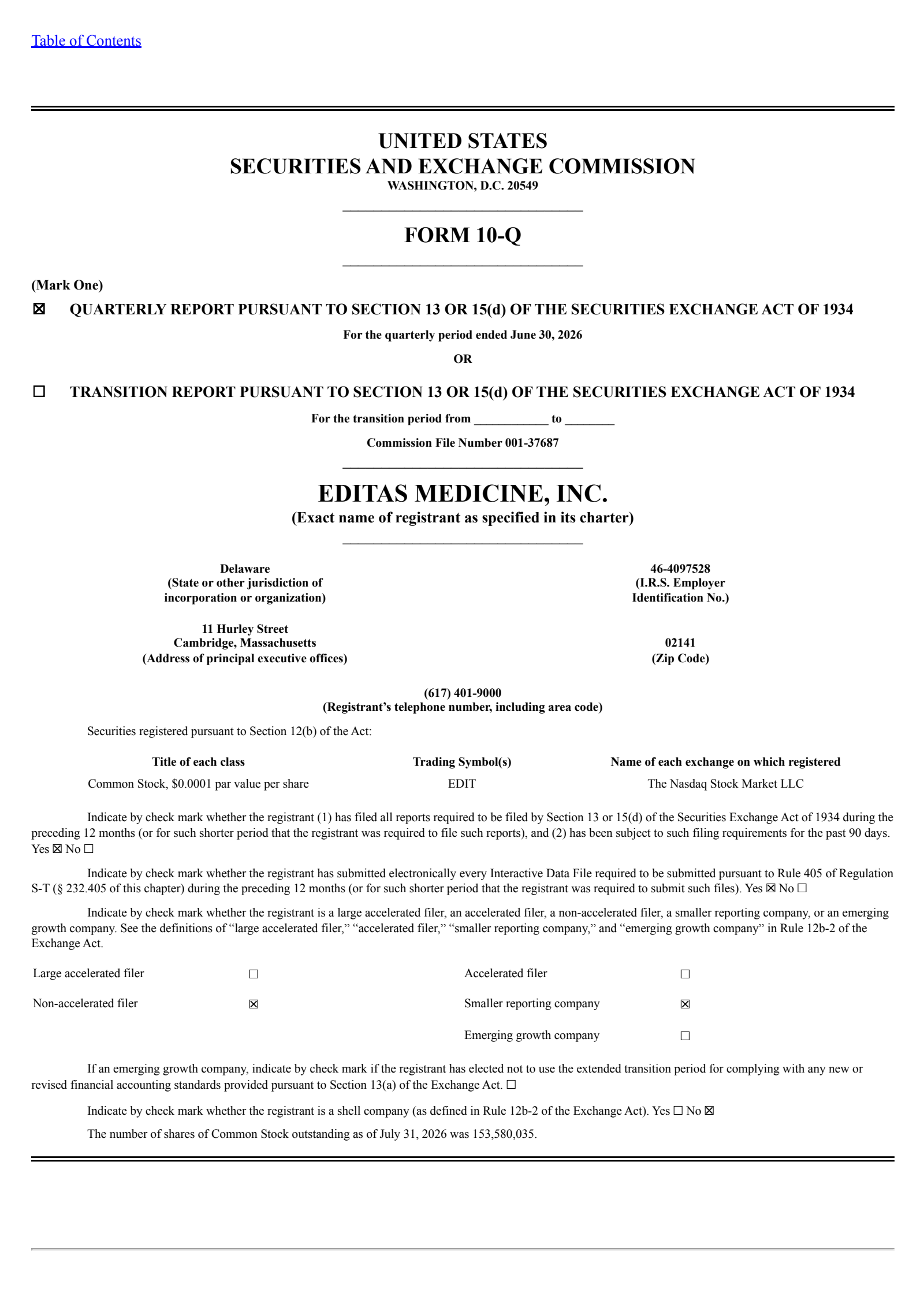 Editas Medicine's Q2 2026 Quarterly report