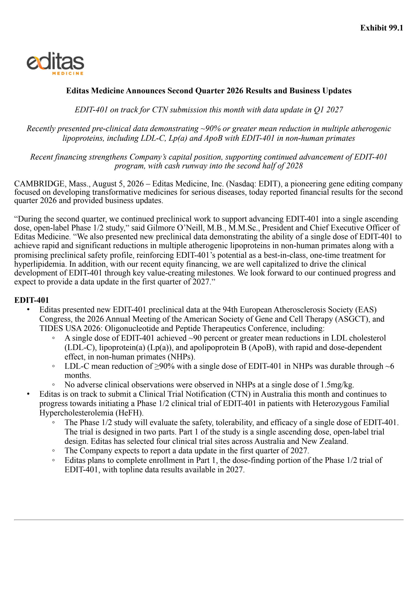 Editas Medicine's Q2 2026 Press Release