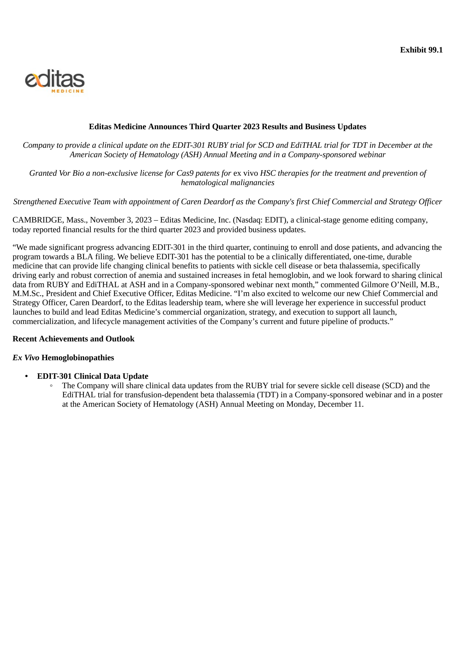 Editas Medicine's Q3 2023 Earnings Release
