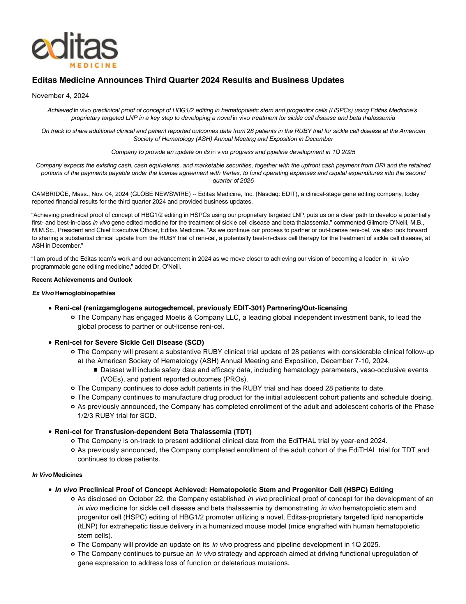 Editas Medicine's Q3 2024 Press Release