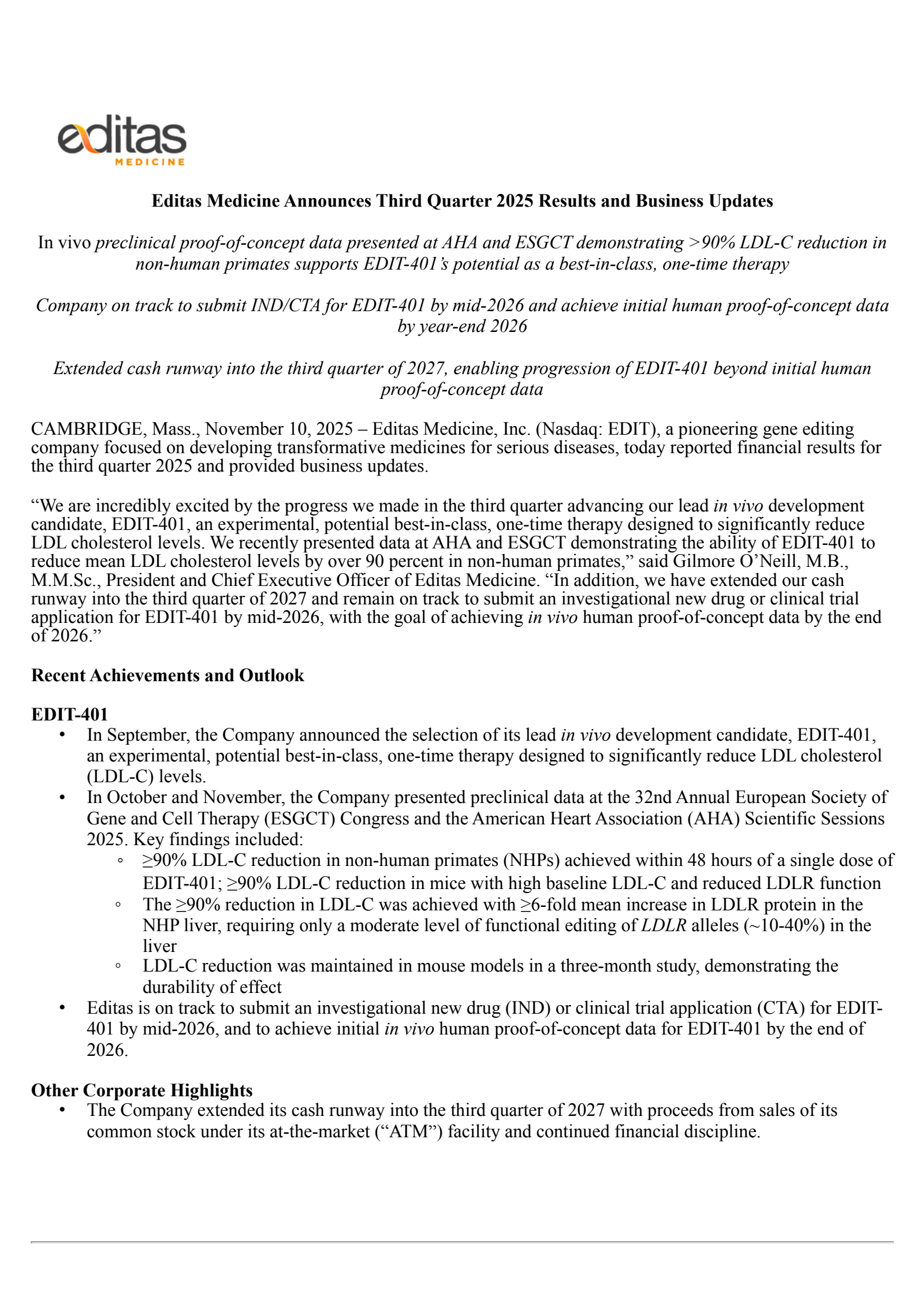 Editas Medicine's Q3 2025 Earnings Release
