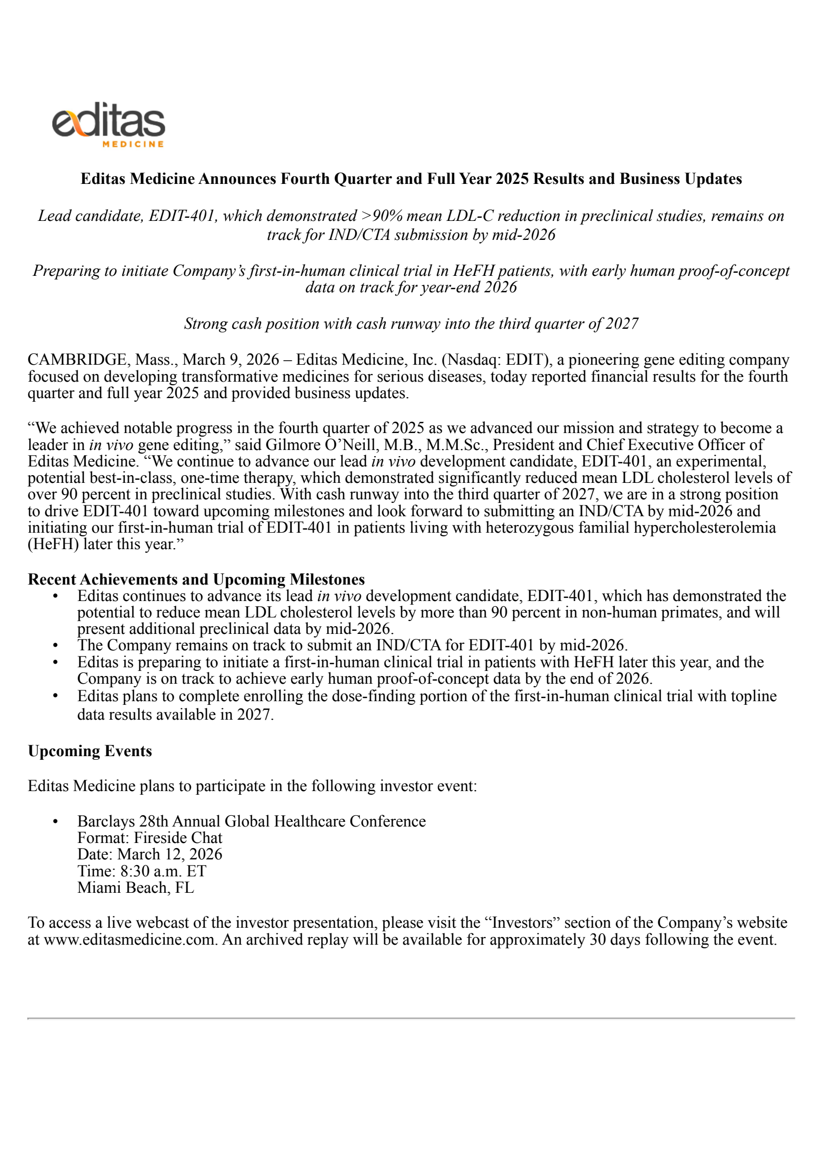 Editas Medicine's Q4 2025 Press Release