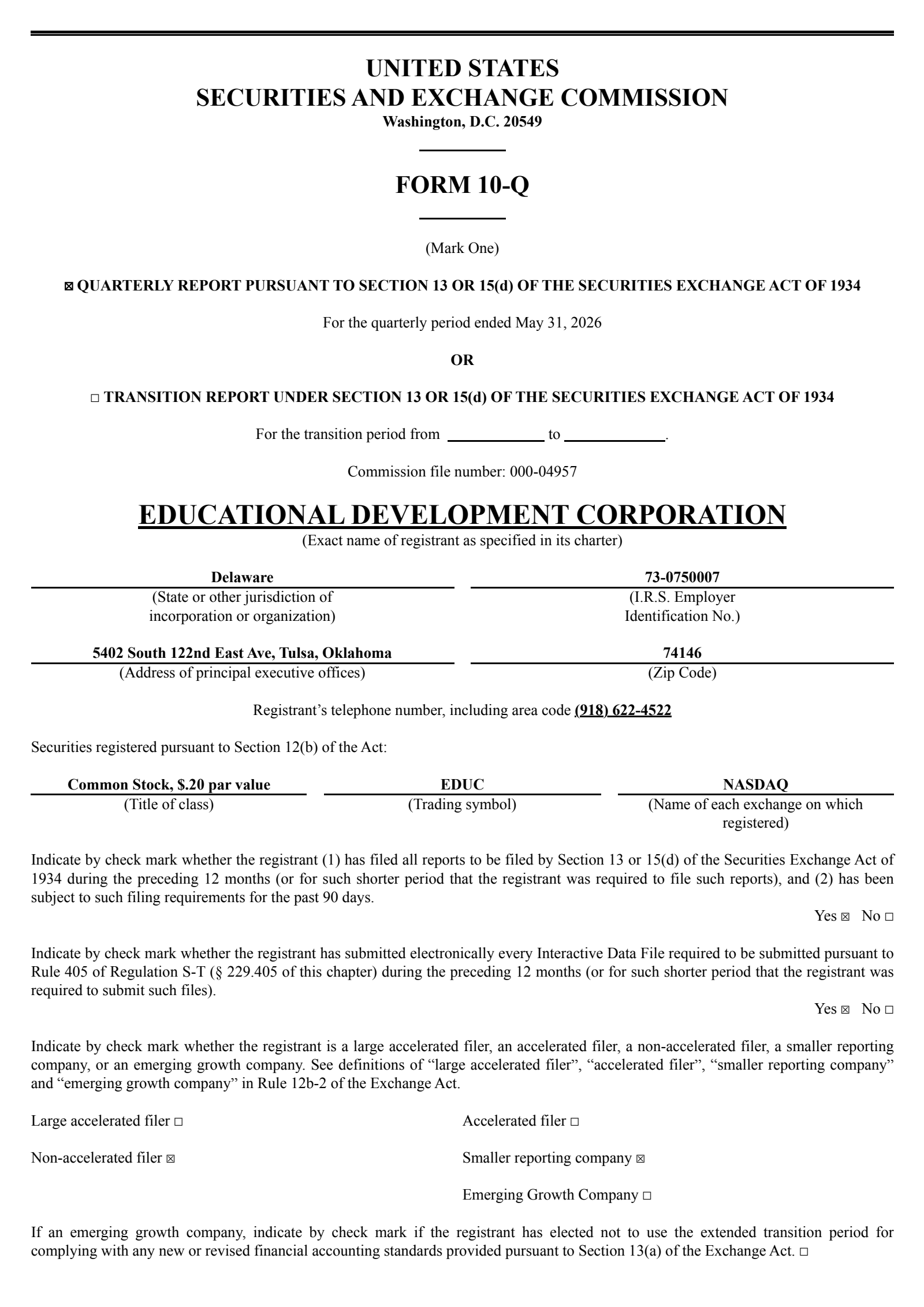 Educational Development's Q1 2027 Quarterly report