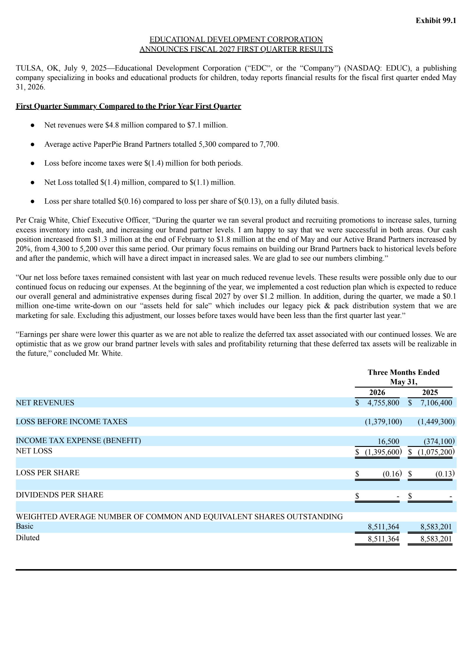 Educational Development's Q1 2027 Press Release