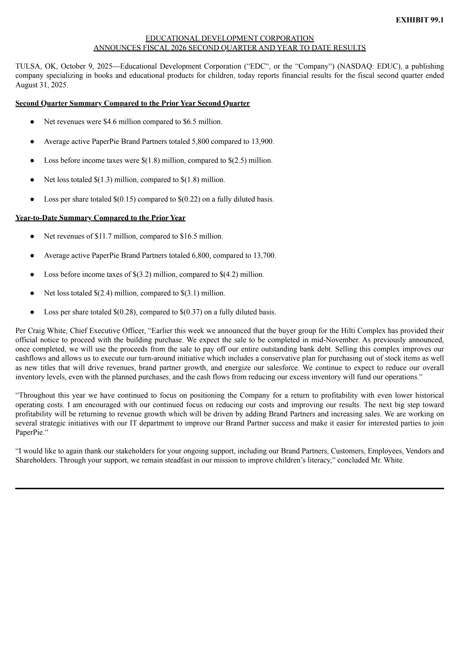 Educational Development's Q2 2026 Earnings Release