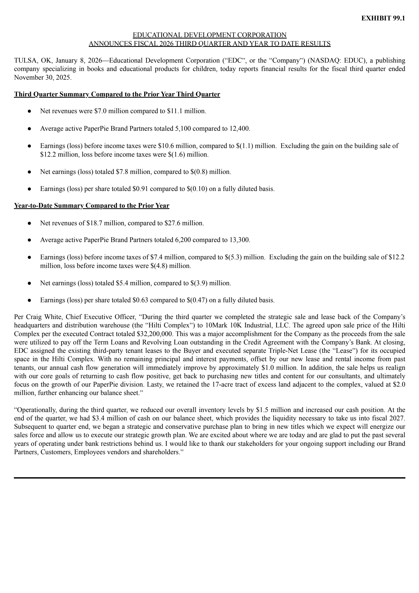 Educational Development's Q3 2026 Earnings Release