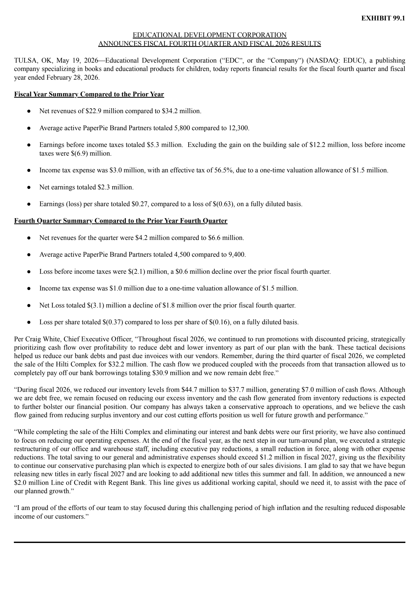 Educational Development's Q4 2026 Press Release