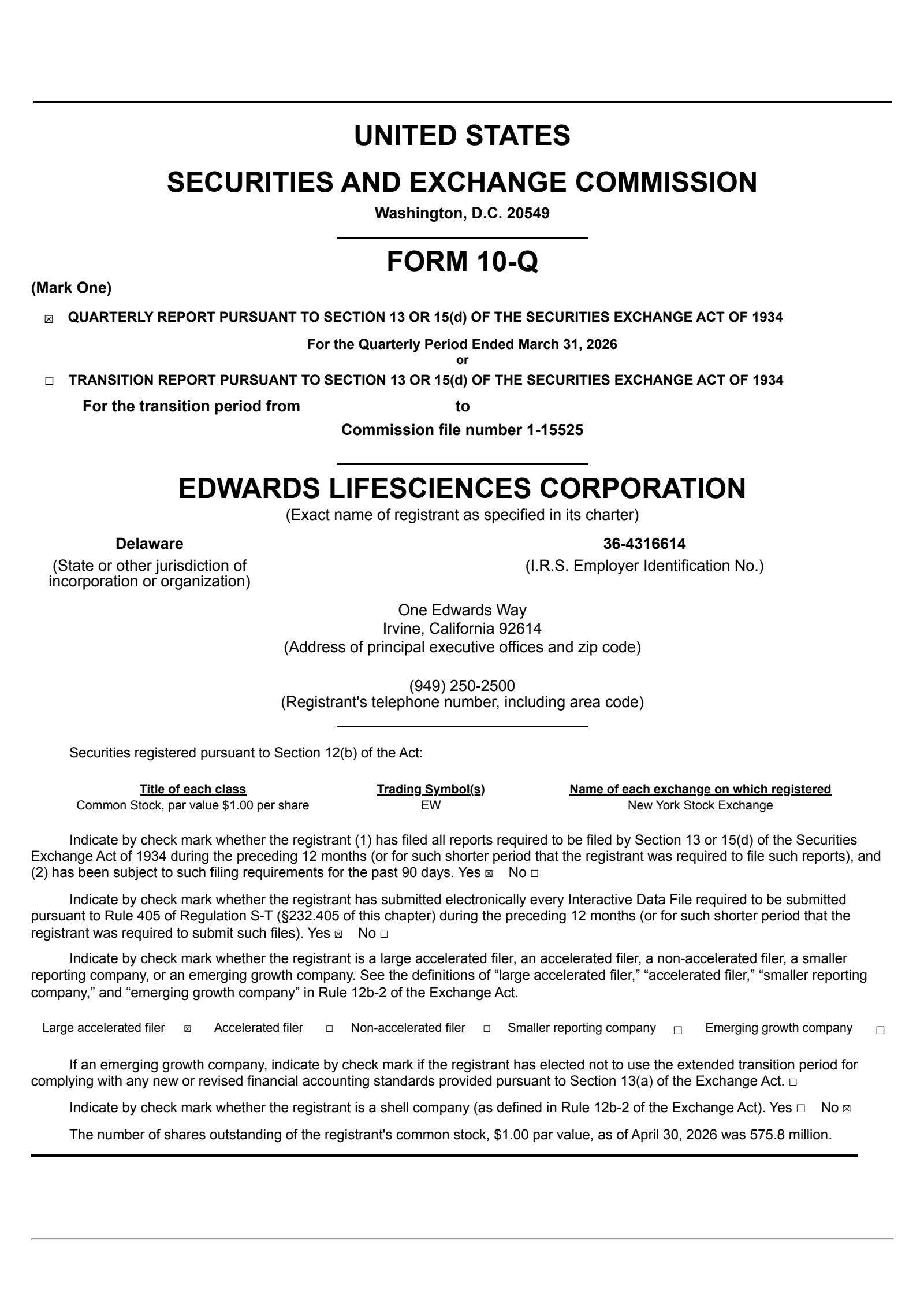 Edwards Lifesciences' Q1 2026 Quarterly report