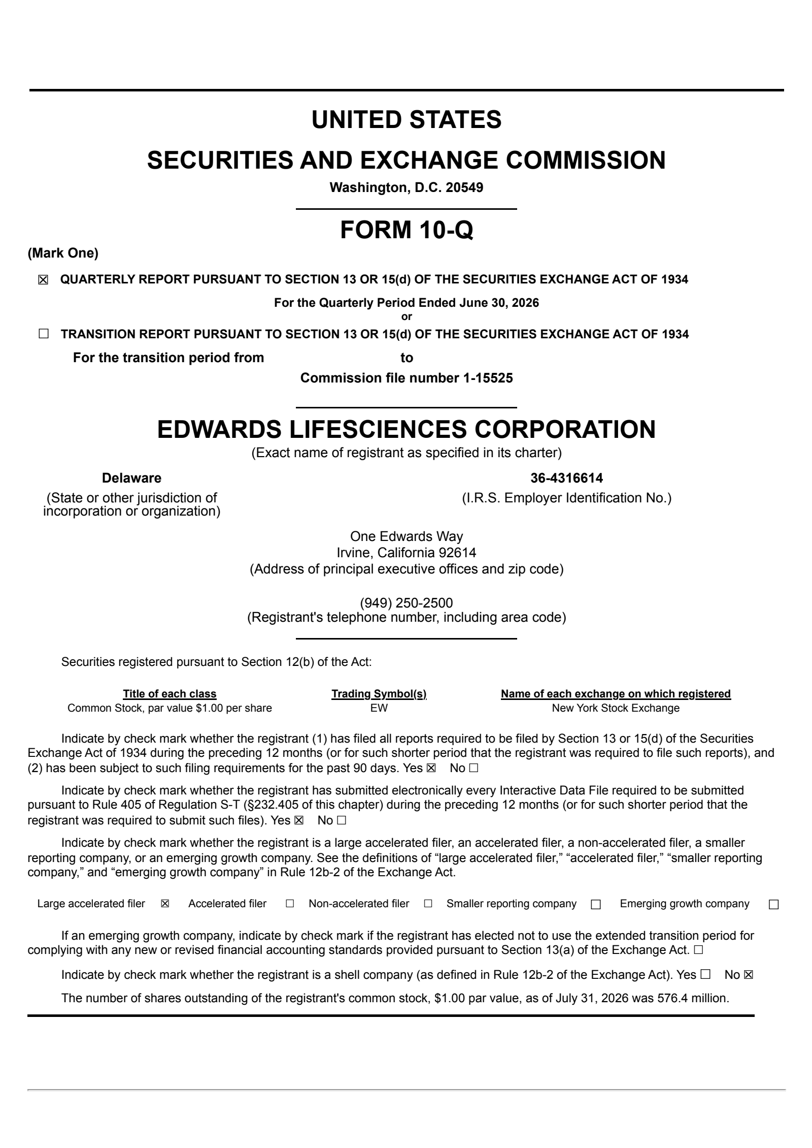 Edwards Lifesciences' Q2 2026 Quarterly report