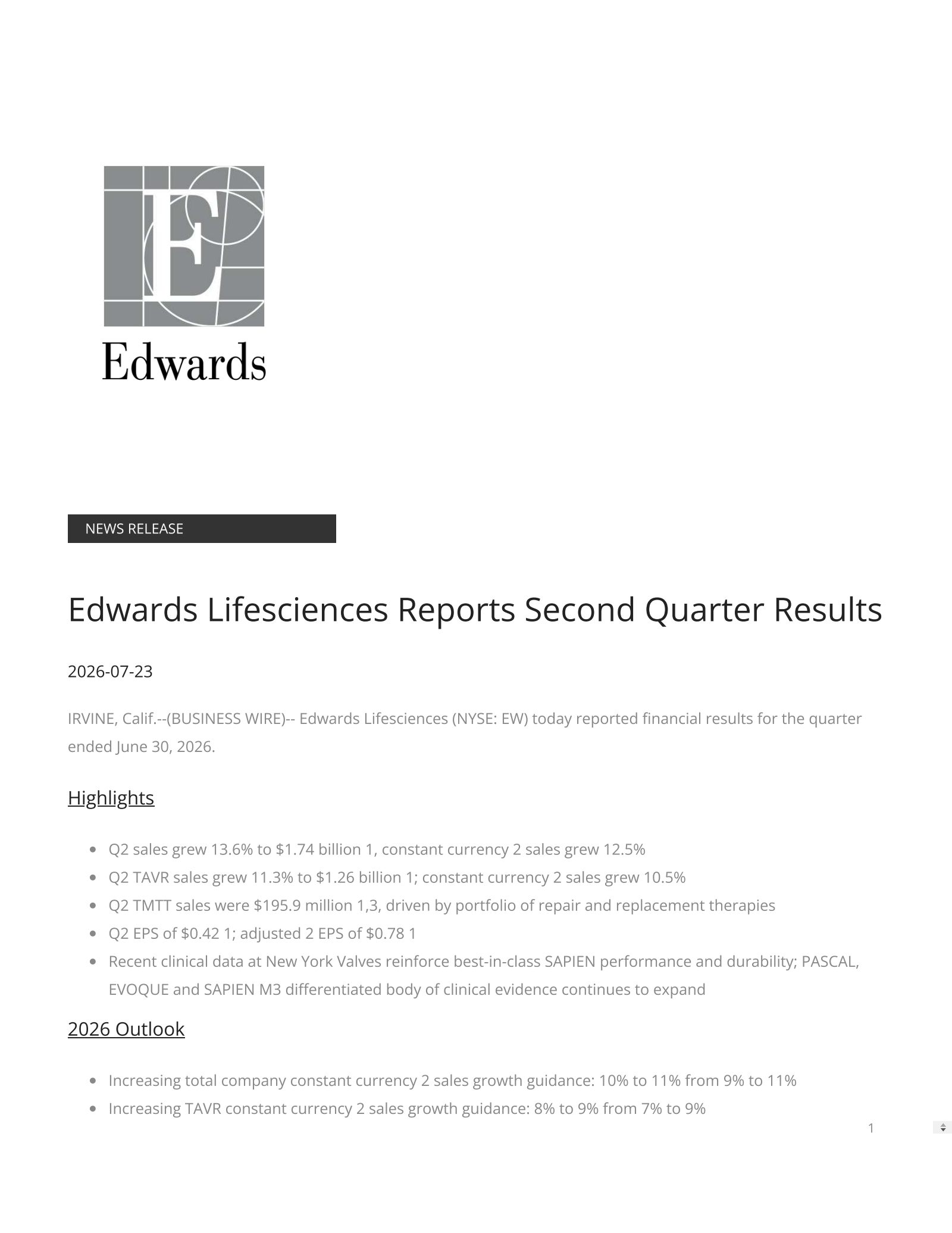 Edwards Lifesciences' Q2 2026 Press Release