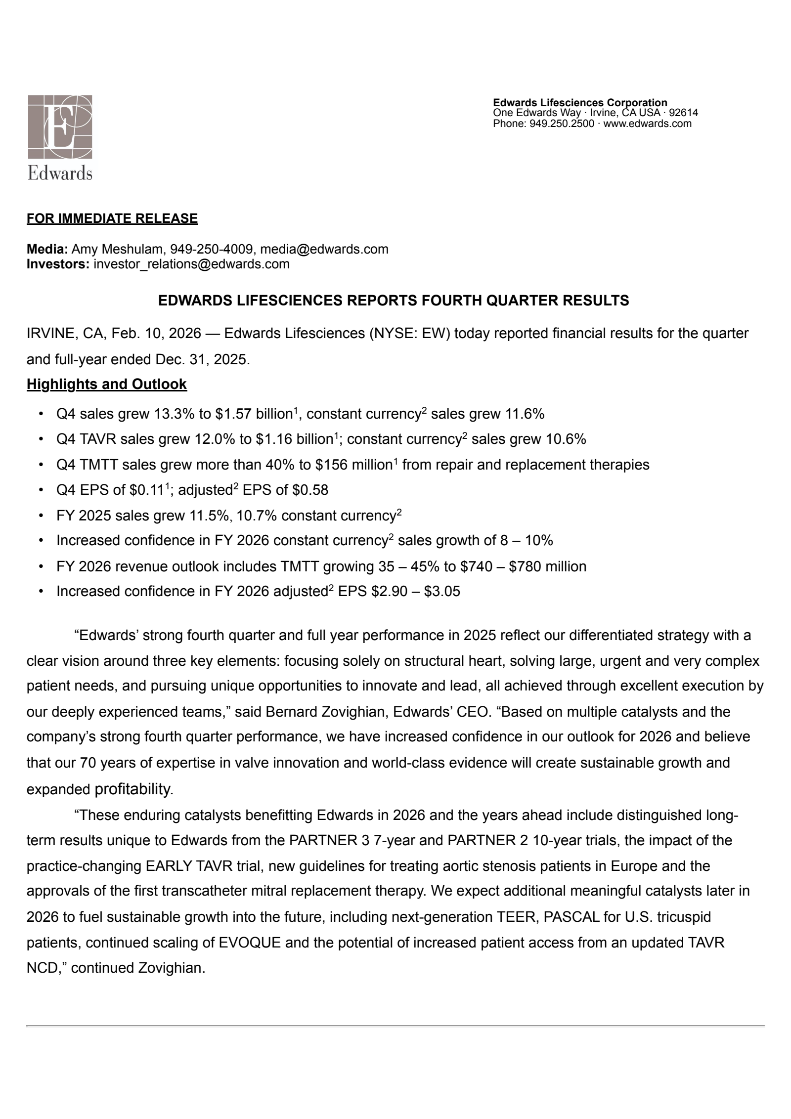 Edwards Lifesciences' Q4 2025 Press Release