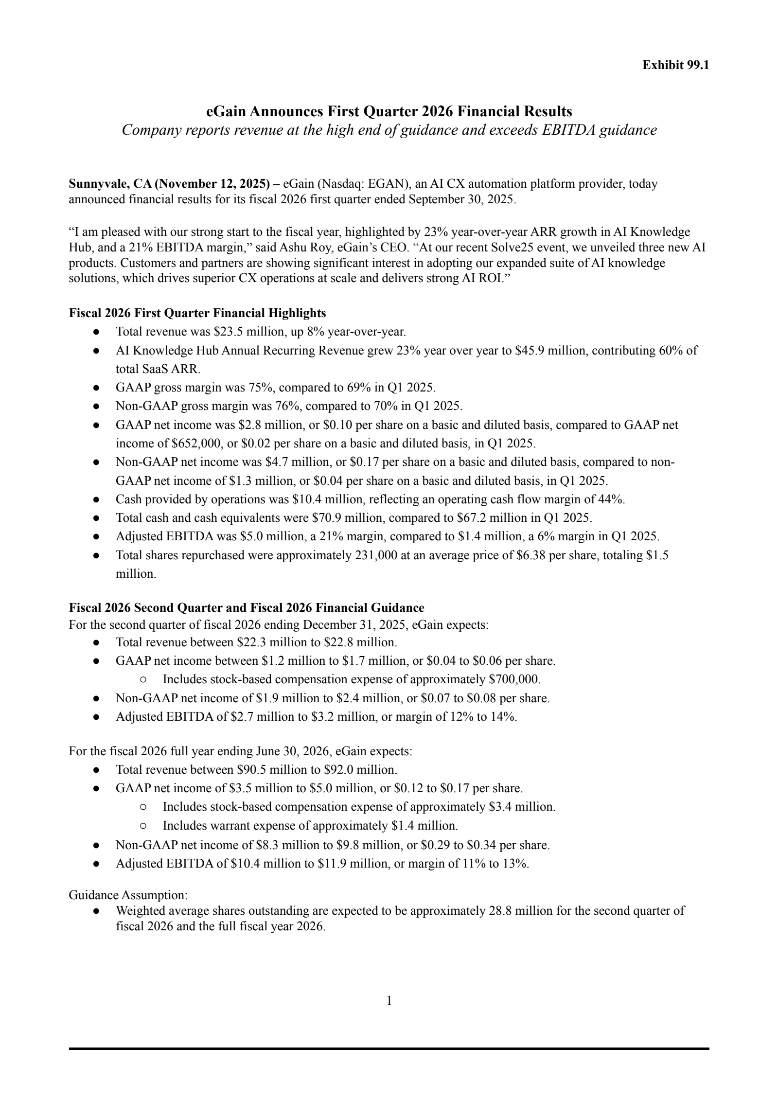 eGain's Q1 2026 Earnings Release