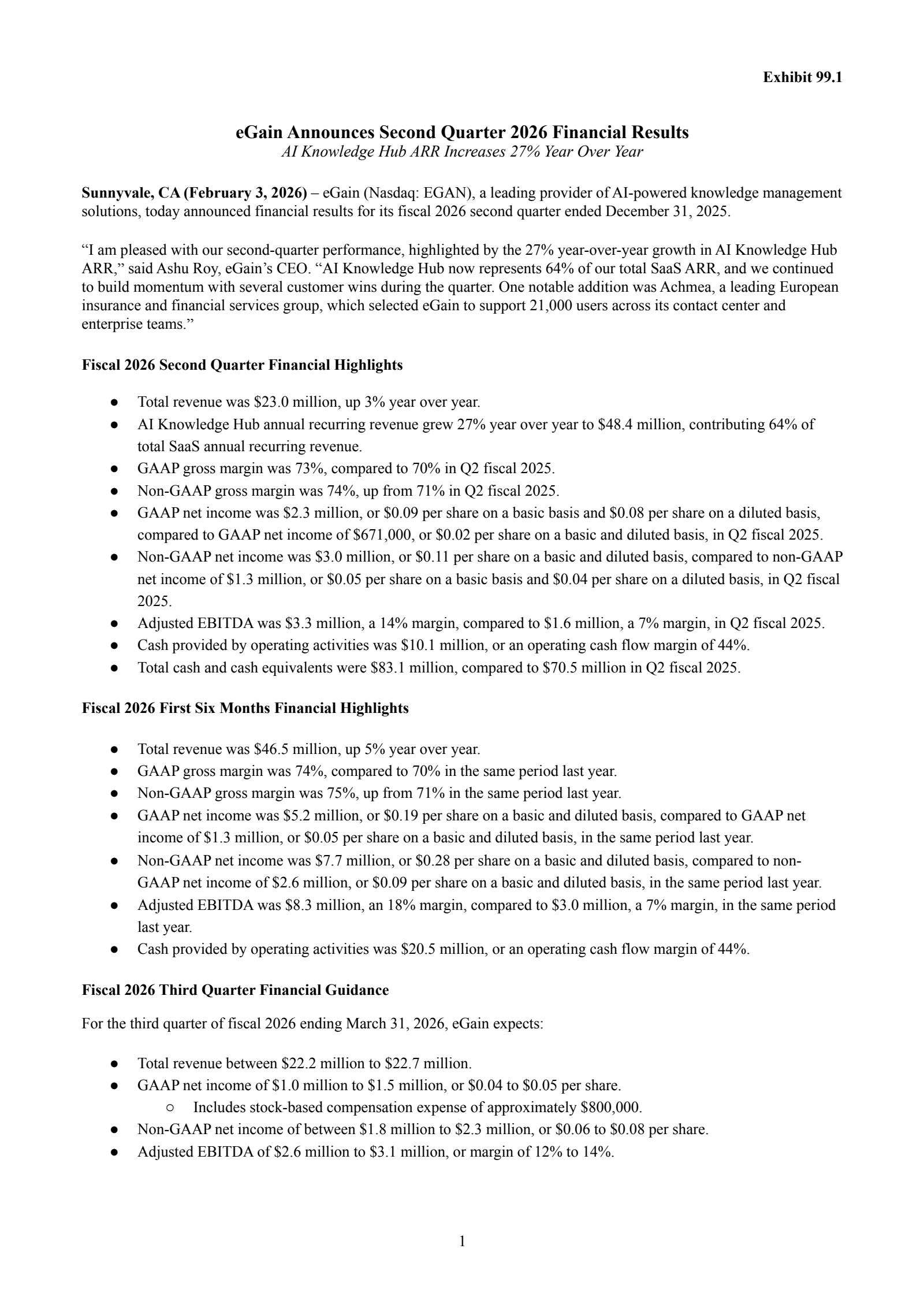 eGain's Q2 2026 Press Release