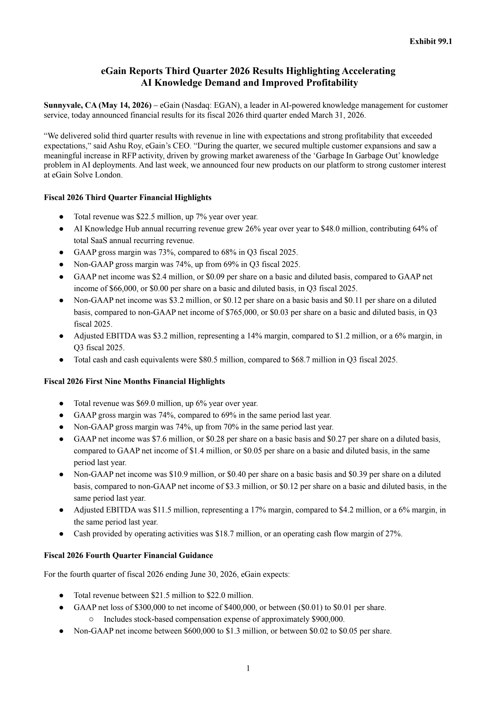 eGain's Q3 2026 Press Release