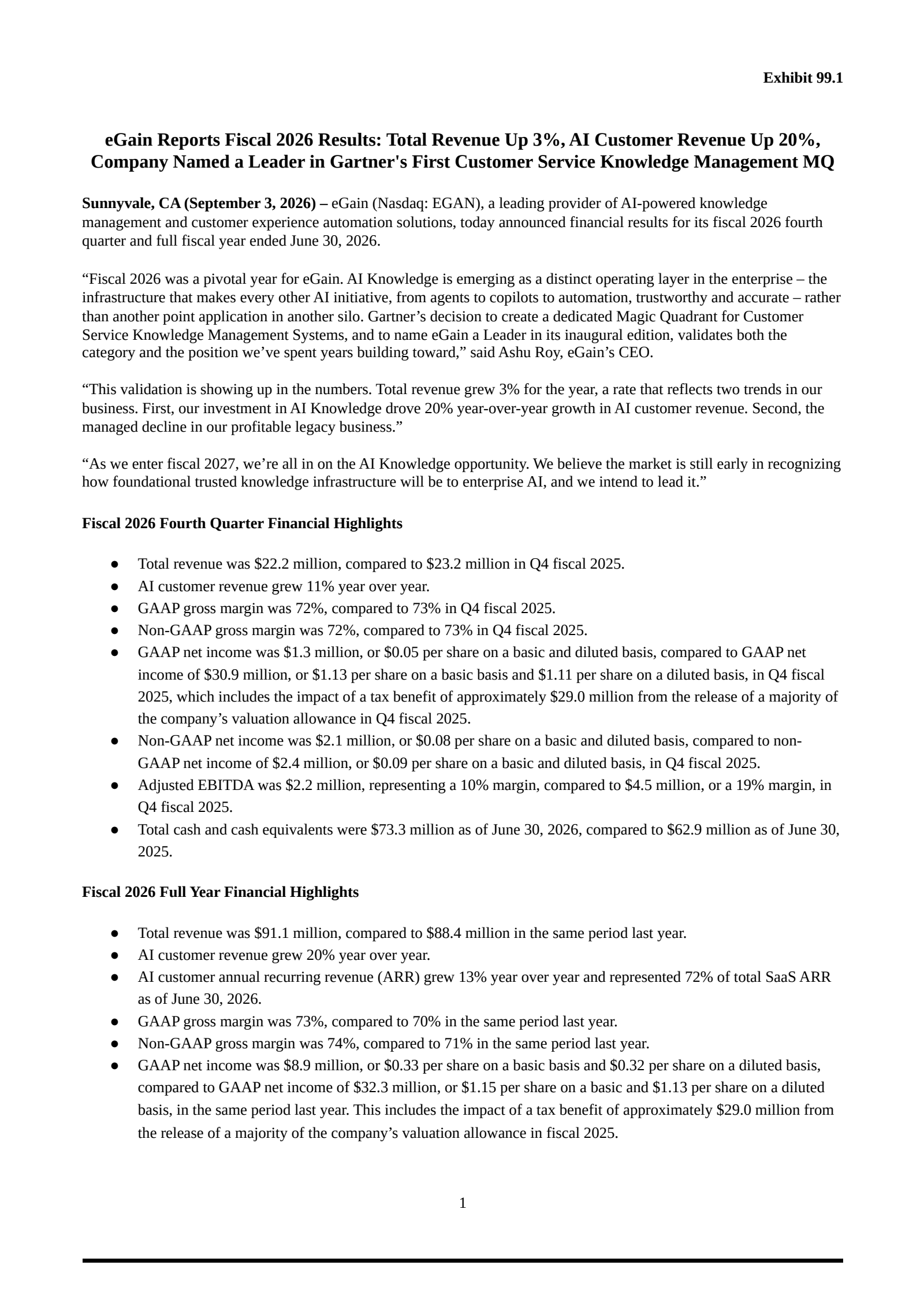 eGain's Q4 2026 Press Release