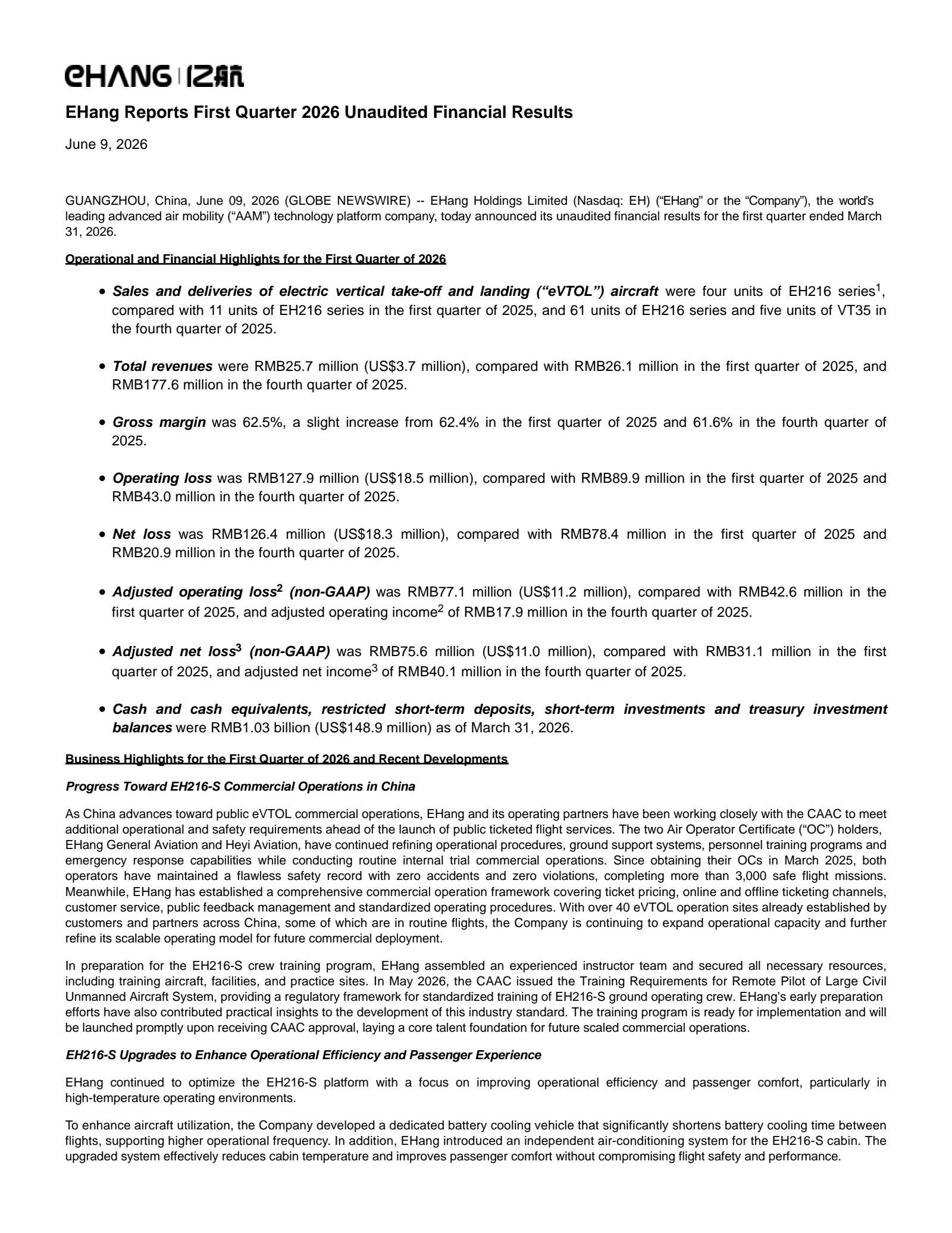 EHang's Q1 2026 Press Release