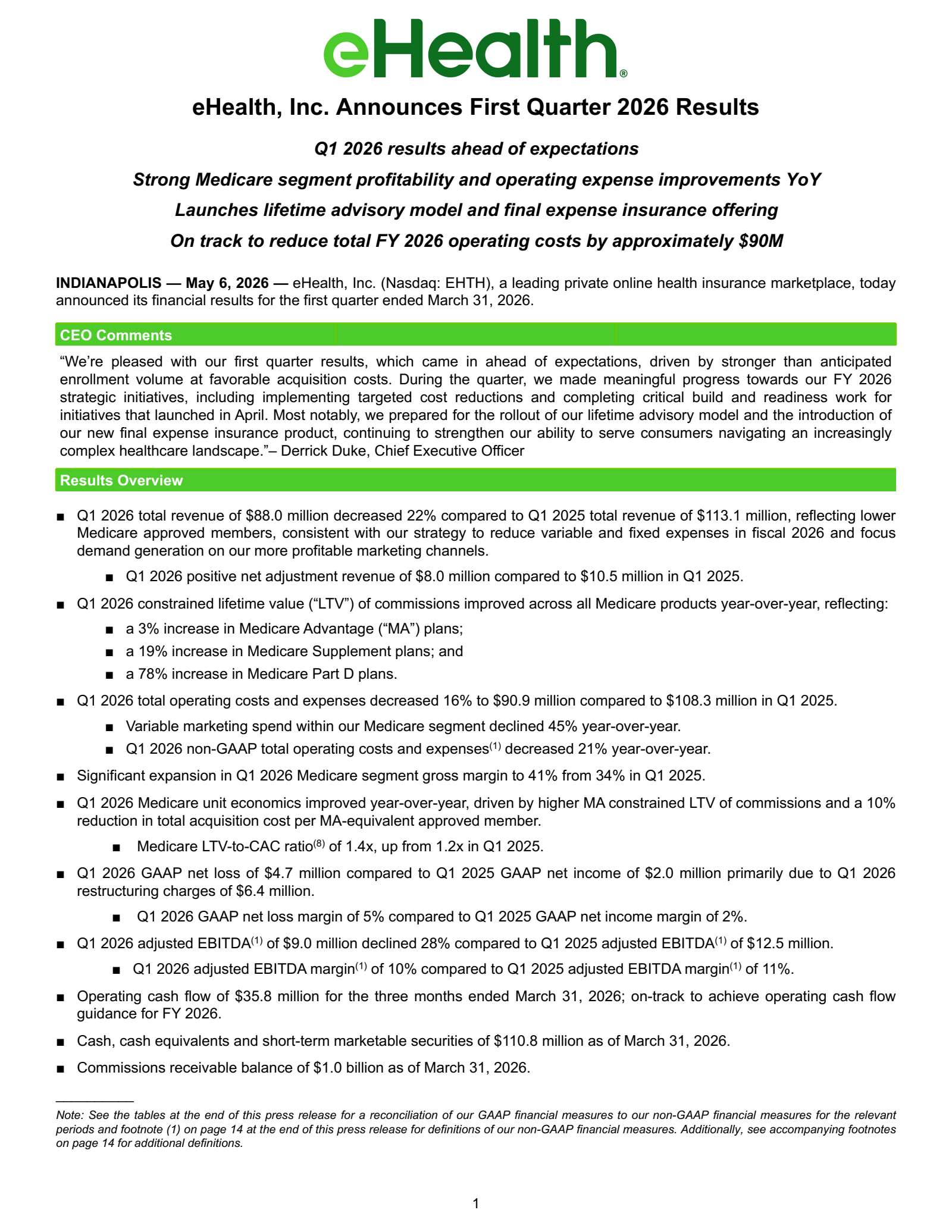 eHealth's Q1 2026 Press Release