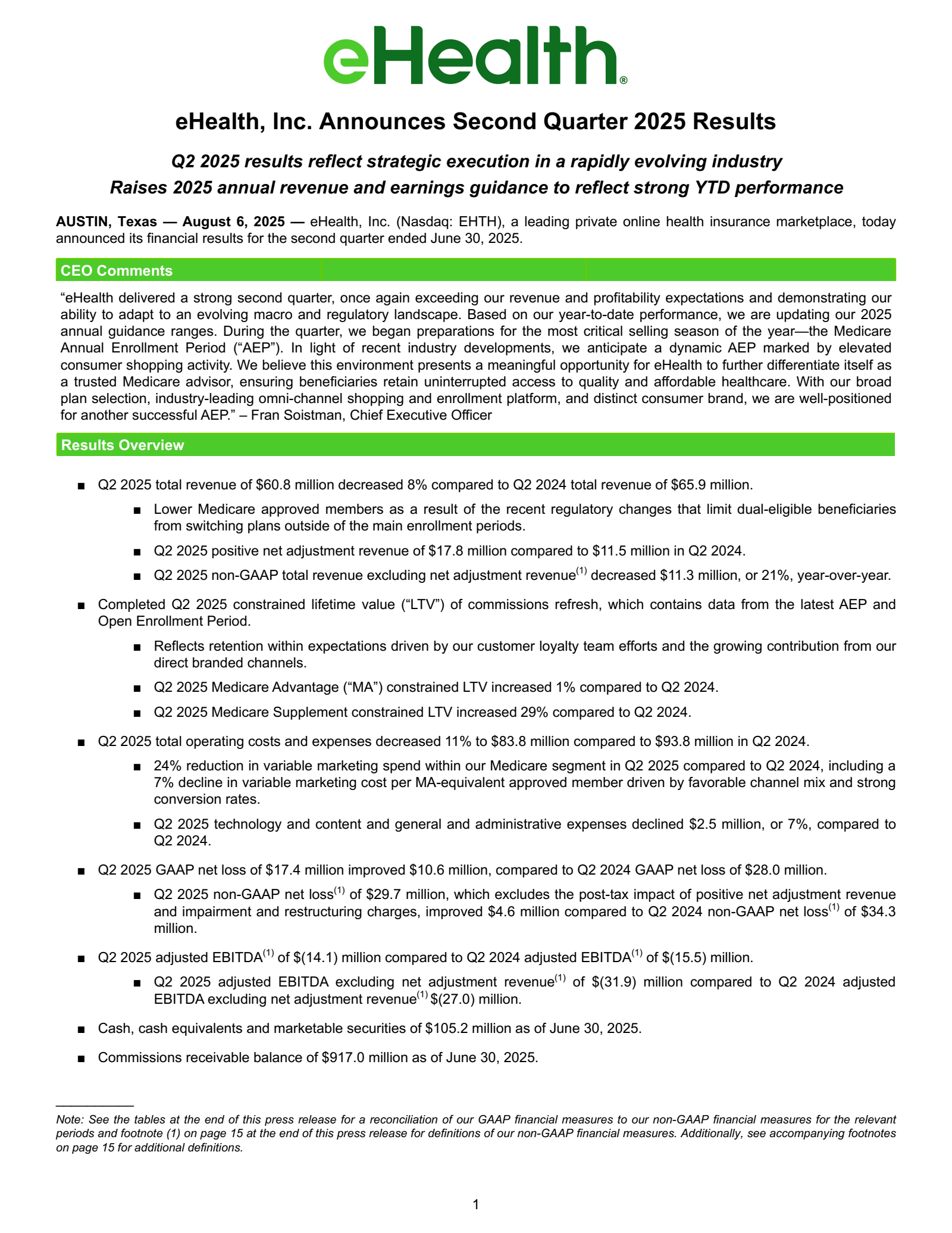 eHealth's Q2 2025 Press Release
